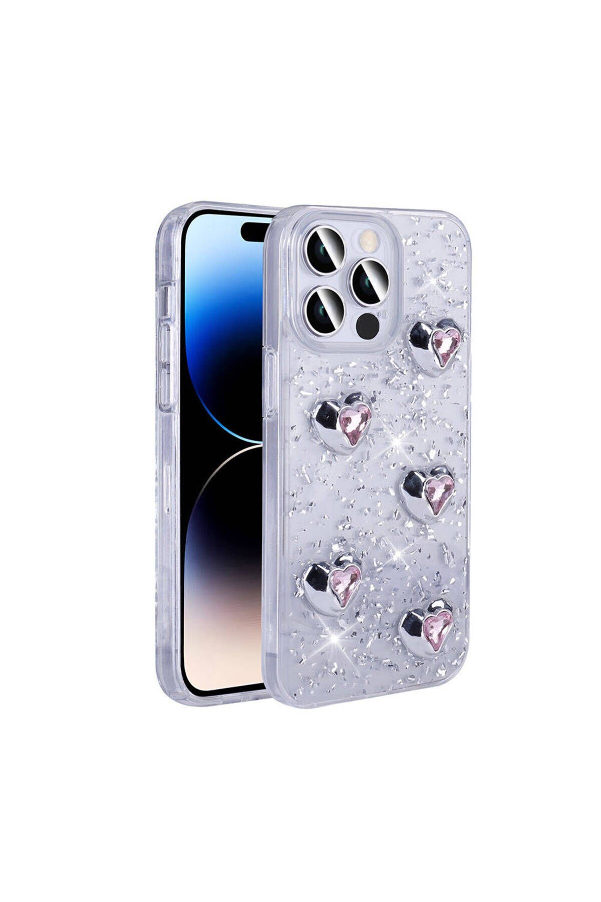 iPhone 14 Pro Max Kılıf Airbagli Simli Arka Yüzey BSAY Işıltı Silikon Kapak - Beyaz-Yıldız Beyaz-Kalp