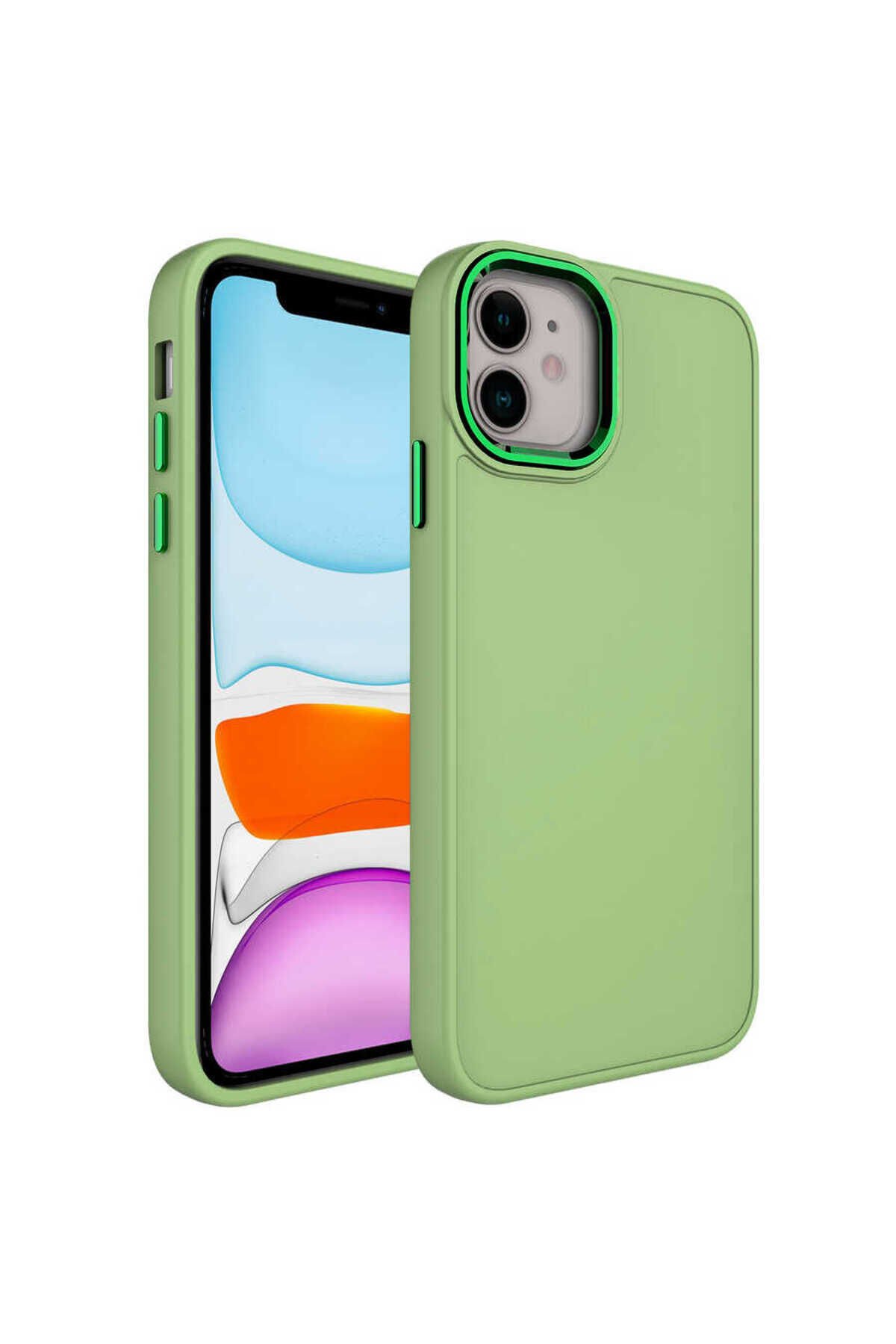 iPhone 11 Uyumlu Metal Çerçeve ve Buton Tasarımlı Silikon BSAY Luna Kılıf-Lacivert Yeşil