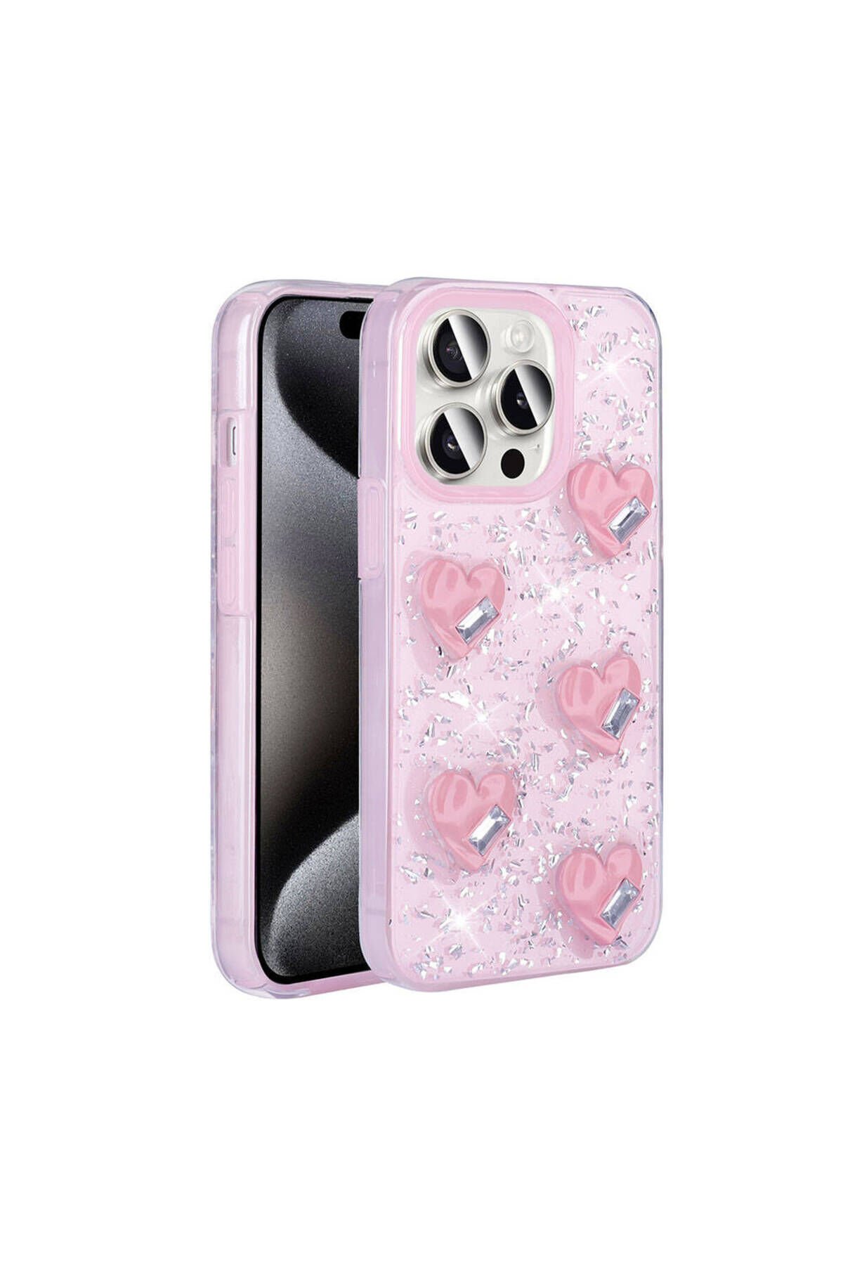iPhone 15 Pro Max Kılıf Airbagli Simli Arka Yüzey BSAY Işıltı Silikon Kapak - Pembe Pembe