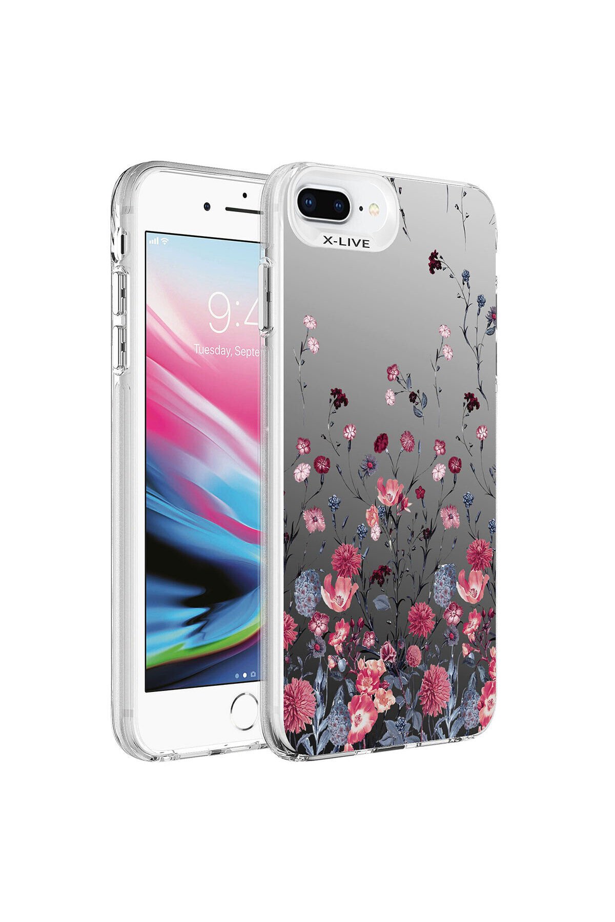 iPhone 7 Plus Kılıf Desenli BSAY Silver Sert Kapak - Kalp Çiçek