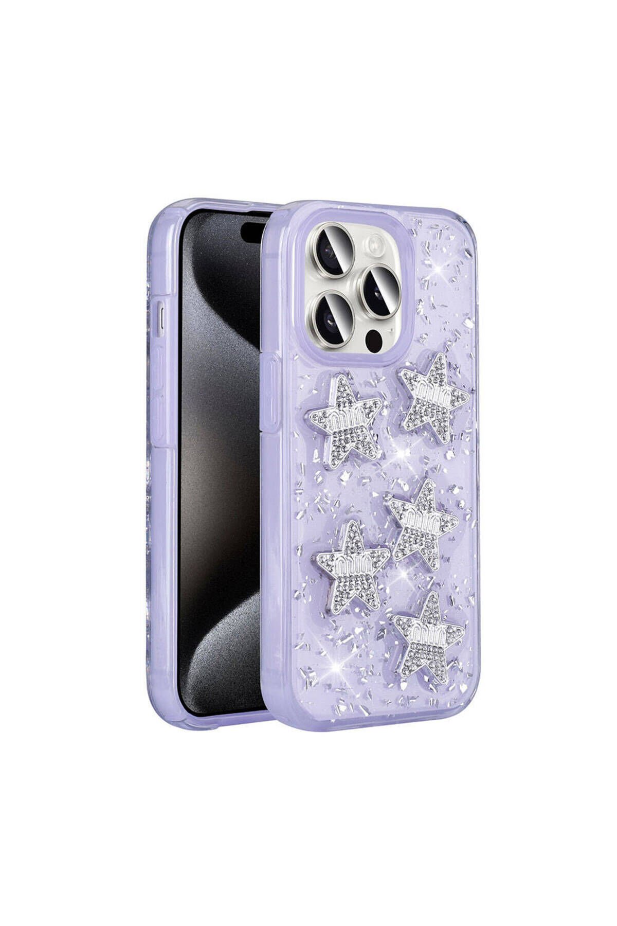 iPhone 15 Pro Max Kılıf Airbagli Simli Arka Yüzey GZST Işıltı Silikon Kapak - Lila Lila