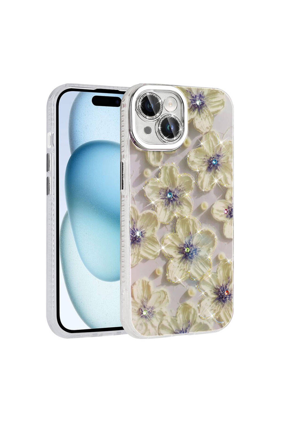 iPhone 14 Kılıf Çiçek Desenli Parlak Taşlı Sert Silikon BSAY Garden Kapak - Colorful Mavi