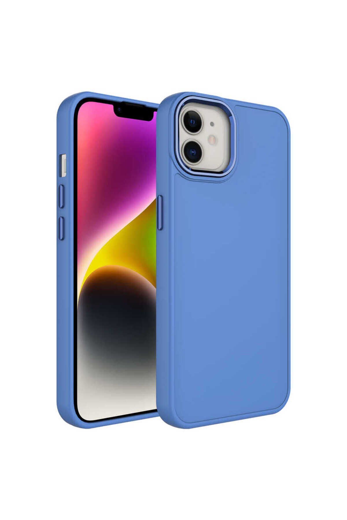 iPhone 12 Uyumlu Metal Çerçeve ve Buton Tasarımlı Silikon BSAY Luna Kılıf-Lavendery Gray Lavendery Gray
