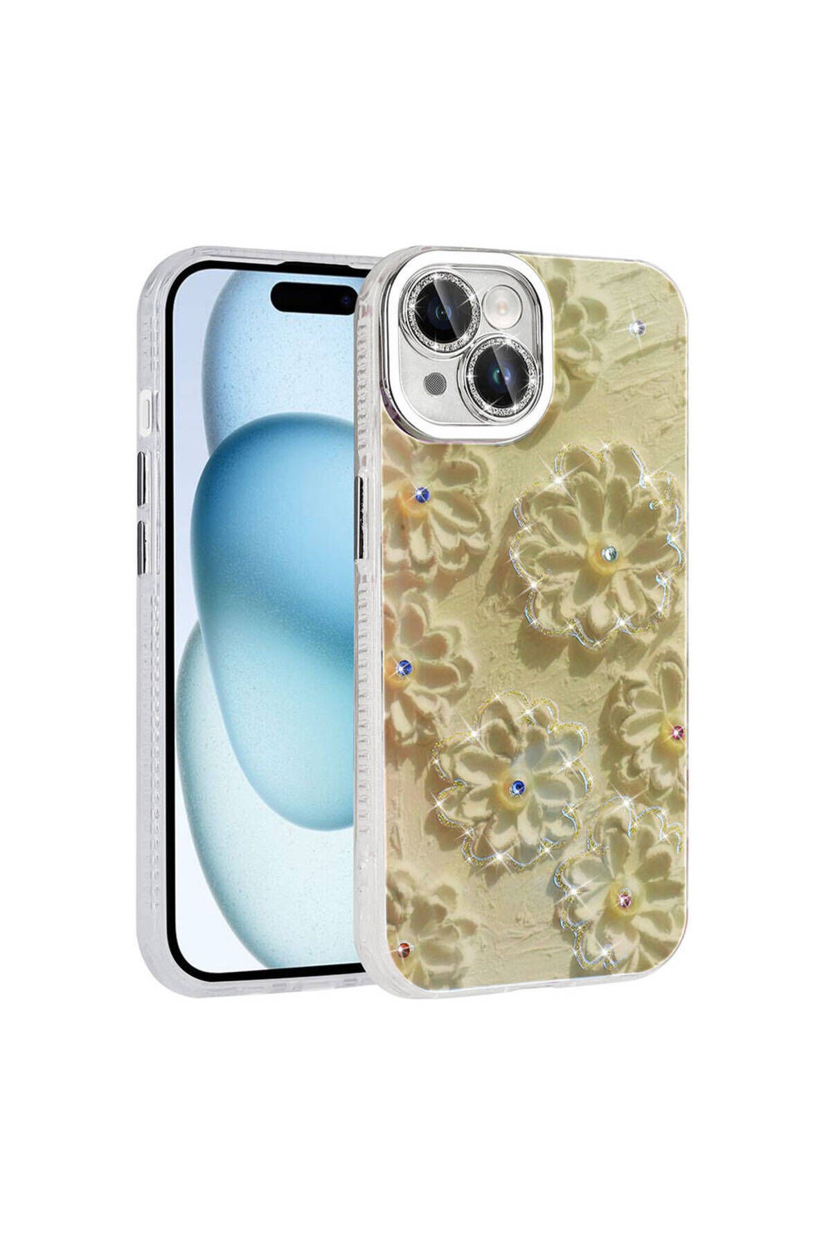 iPhone 14 Kılıf Çiçek Desenli Parlak Taşlı Sert Silikon BSAY Garden Kapak - Colorful Beyaz