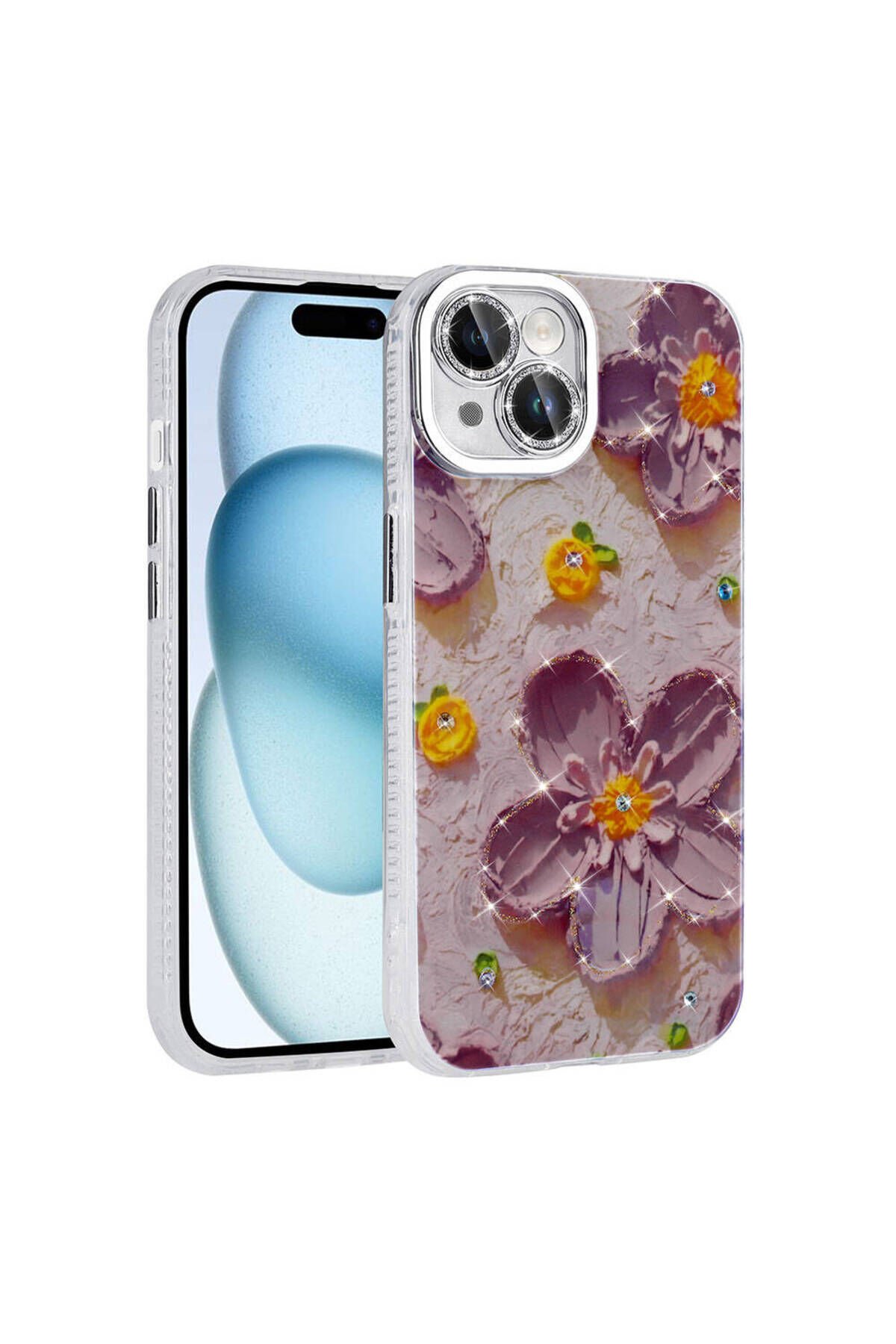 iPhone 14 Kılıf Çiçek Desenli Parlak Taşlı Sert Silikon BSAY Garden Kapak - Colorful Mor