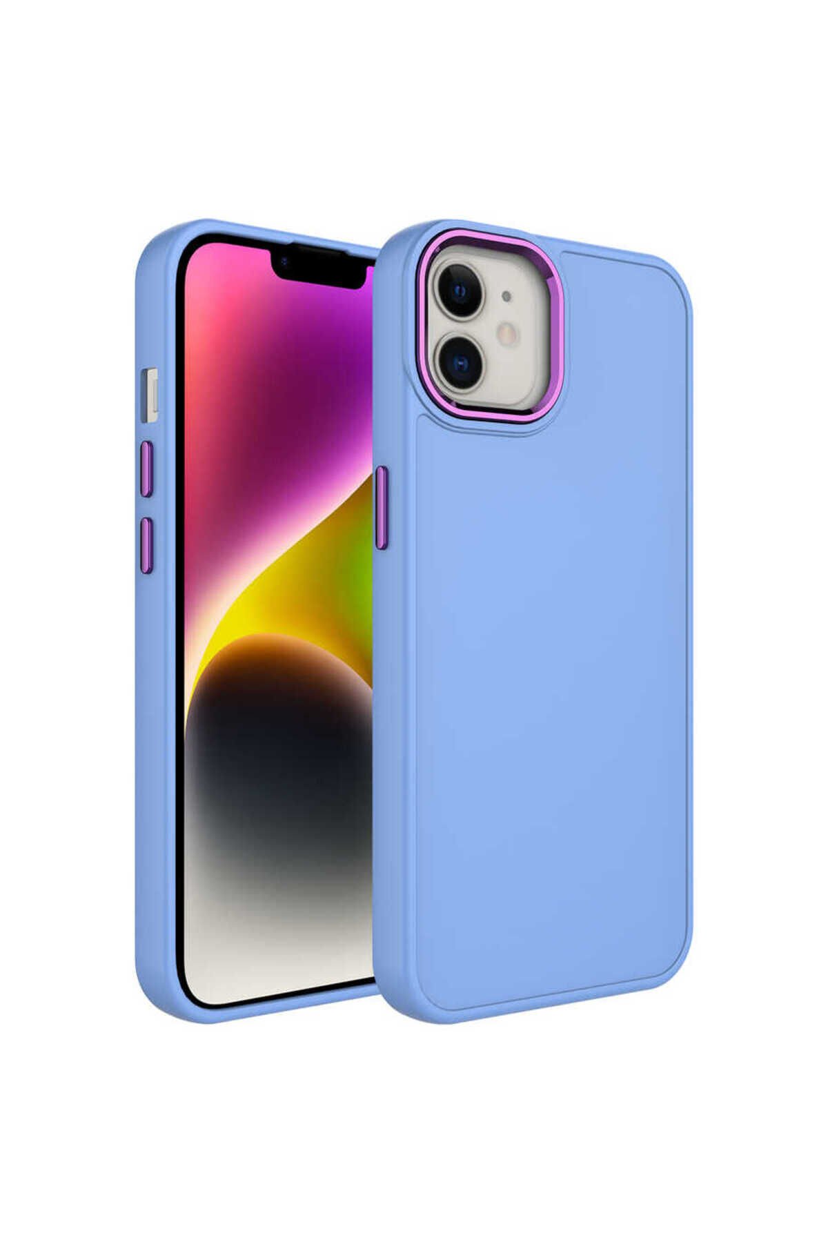 iPhone 12 Uyumlu Metal Çerçeve ve Buton Tasarımlı Silikon BSAY Luna Kılıf-Lavendery Gray Lila