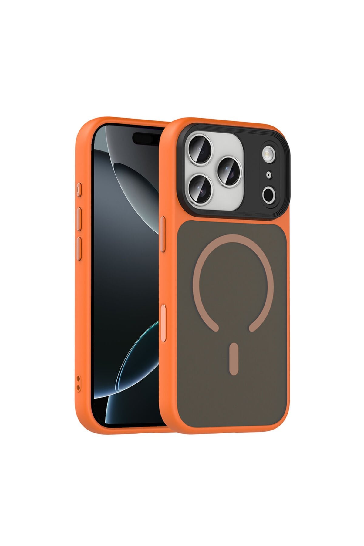 iPhone 17 Pro Max Kılıf Mat Arka Yüzey Wireless Şarj Özellikli Zore Flet M-safe Kapak - Lacivert Turuncu