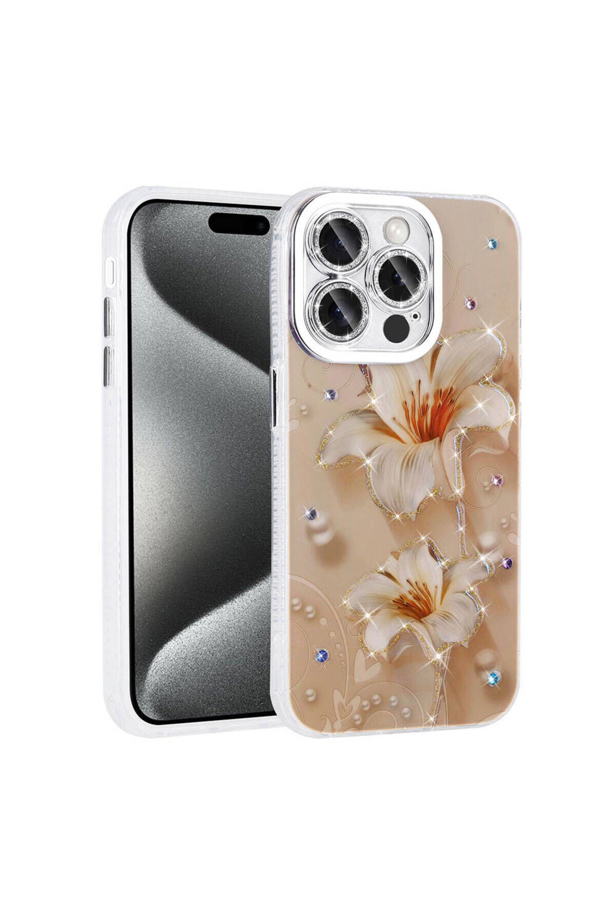 iPhone 14 Pro Max Kılıf Çiçek Desenli Parlak Taşlı Sert Silikon BSAY Garden Kapak - Colorful Pembe Açık