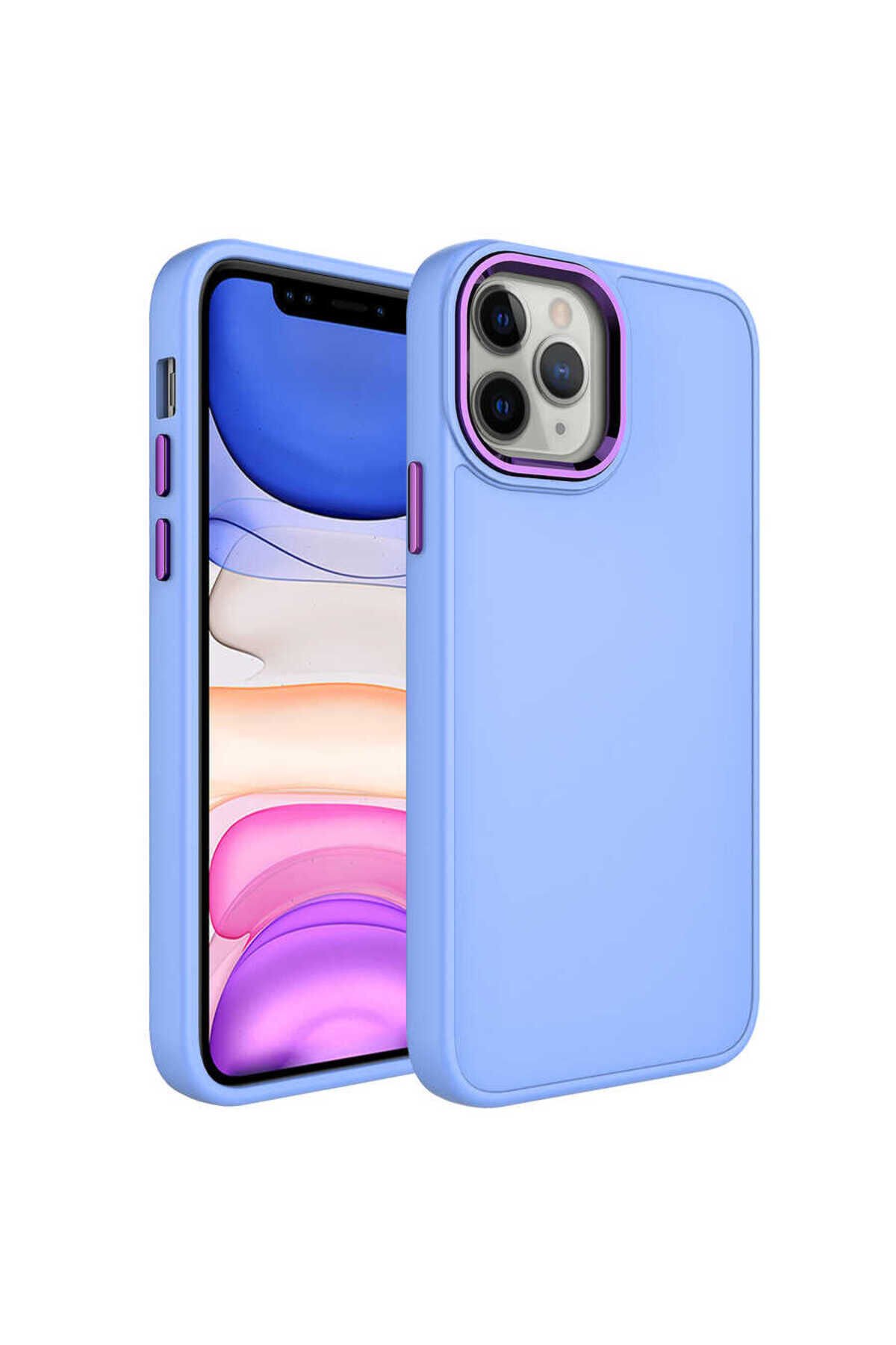 iPhone 12 Pro Uyumlu Metal Çerçeve ve Buton Tasarımlı Silikon BSAY Luna Kılıf-Sierra Mavi Lila
