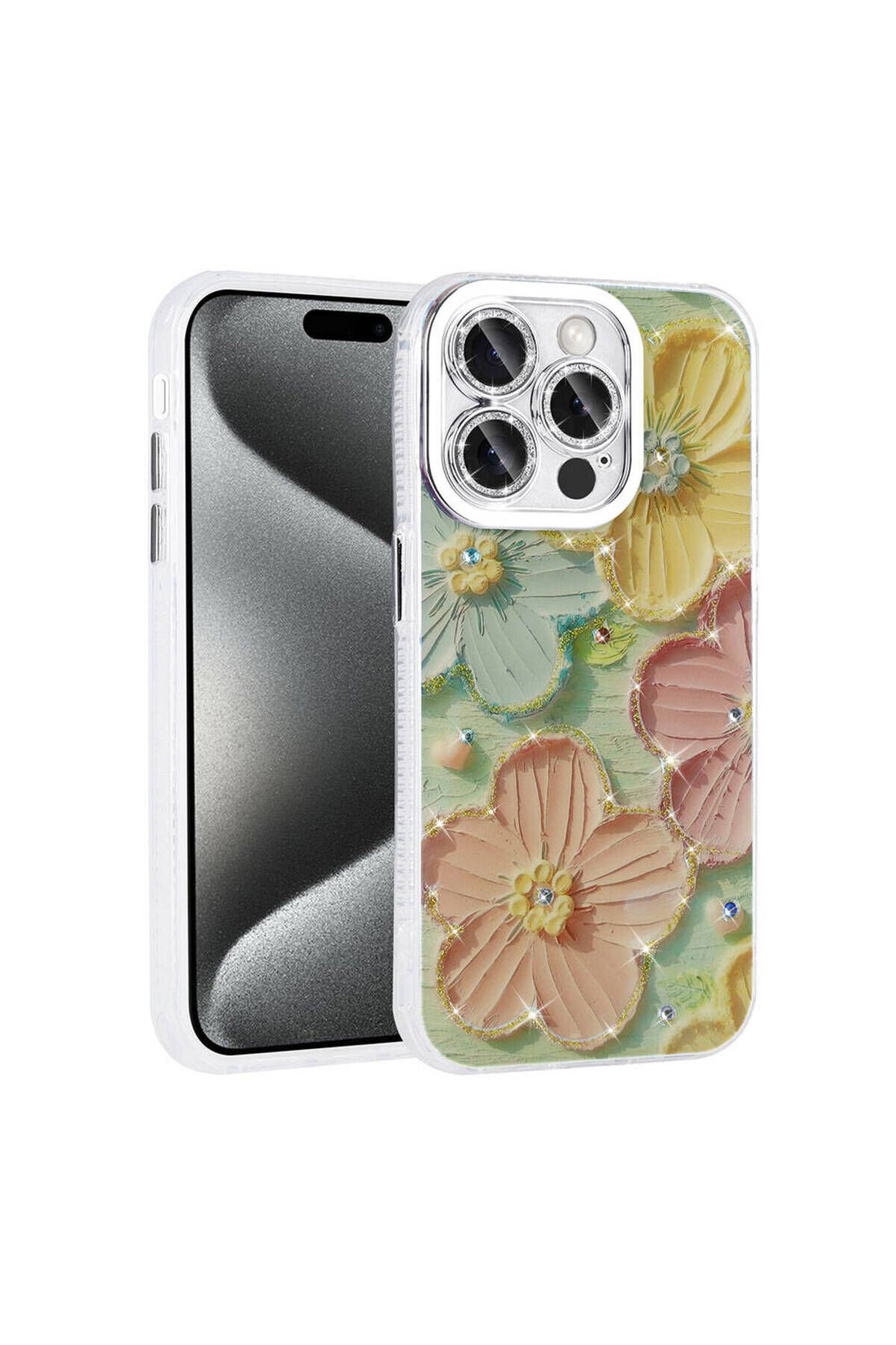 iPhone 14 Pro Max Kılıf Çiçek Desenli Parlak Taşlı Sert Silikon BSAY Garden Kapak - Colorful Beyaz