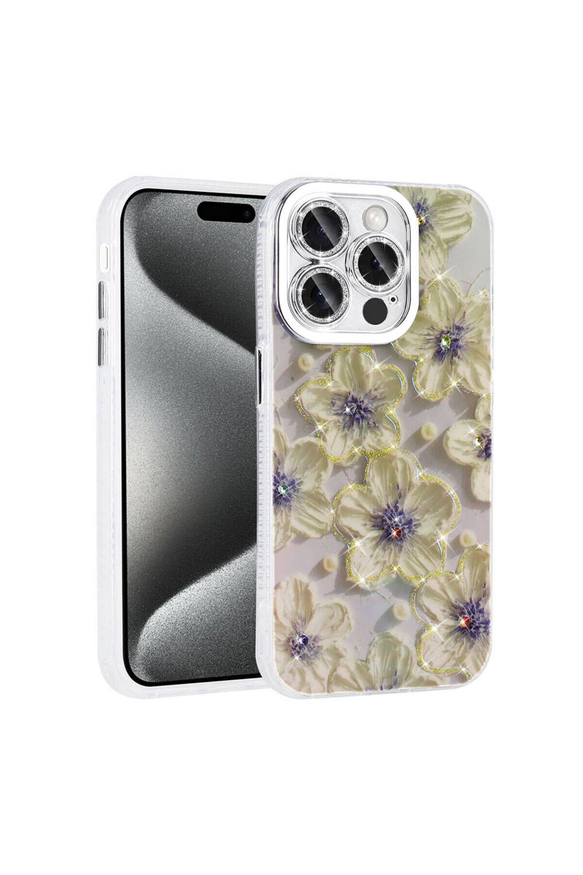 iPhone 14 Pro Max Kılıf Çiçek Desenli Parlak Taşlı Sert Silikon BSAY Garden Kapak - Colorful Mavi