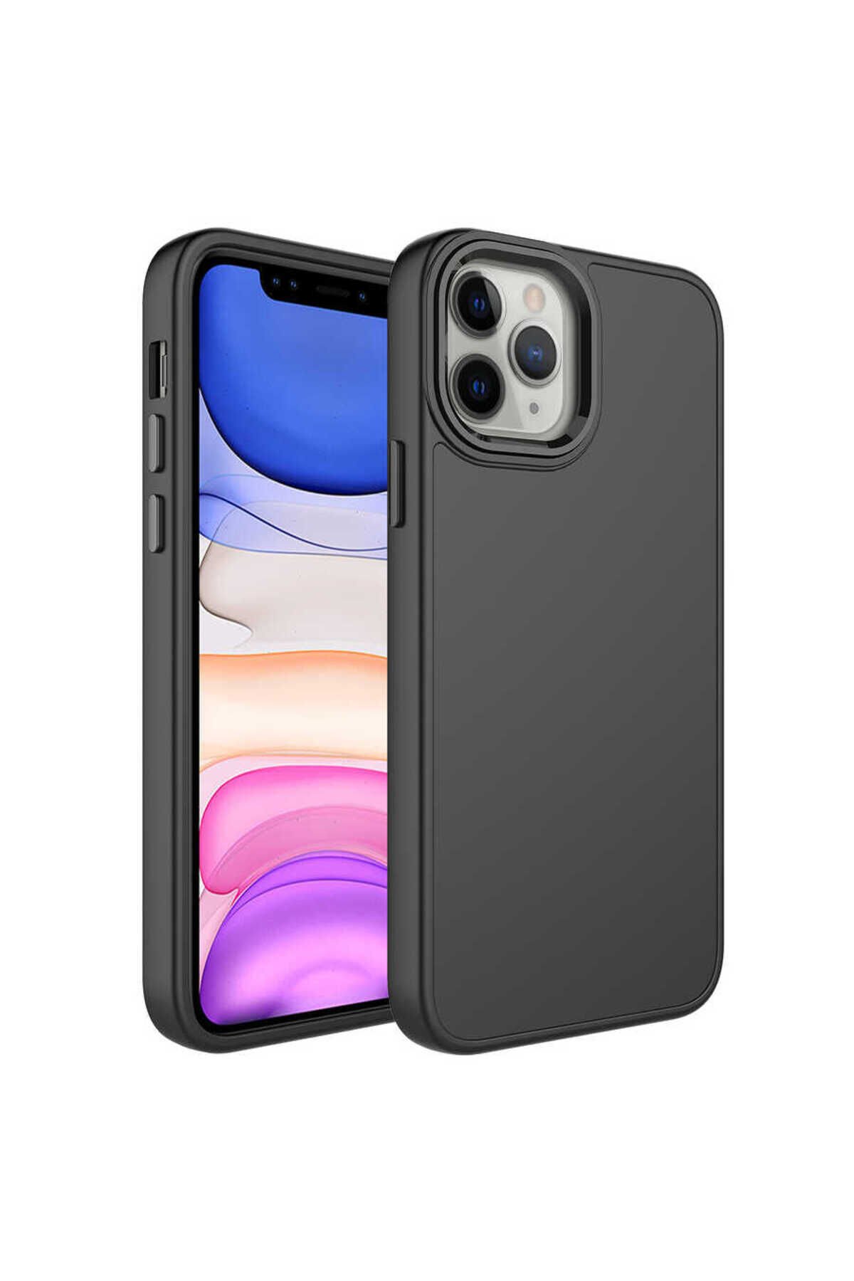 iPhone 12 Pro Max Uyumlu Metal Çerçeve ve Buton Tasarımlı Silikon BSAY Luna Kılıf-Siyah Siyah