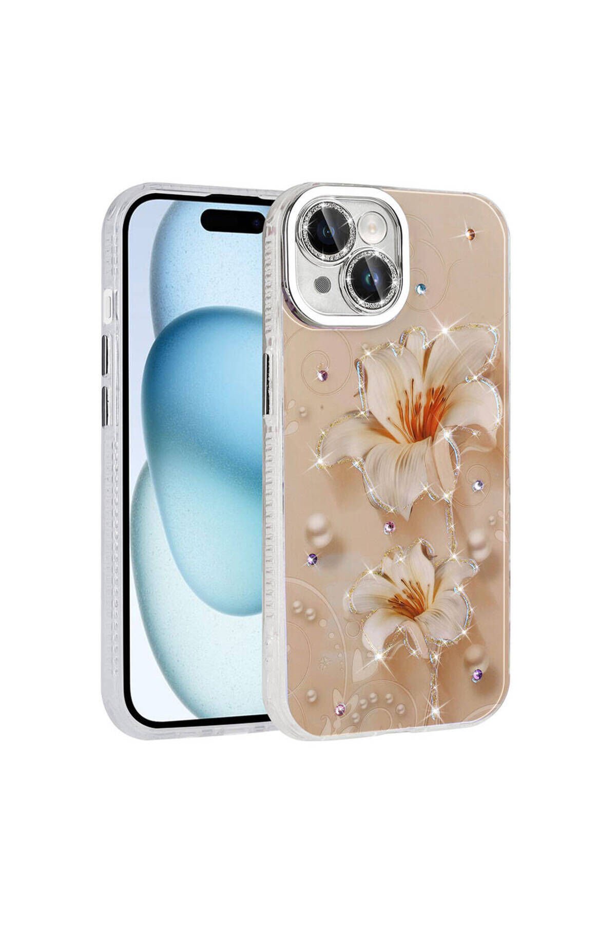 iPhone 15 Kılıf Çiçek Desenli Parlak Taşlı Sert Silikon BSAY Garden Kapak - Pembe Açık Pembe Açık