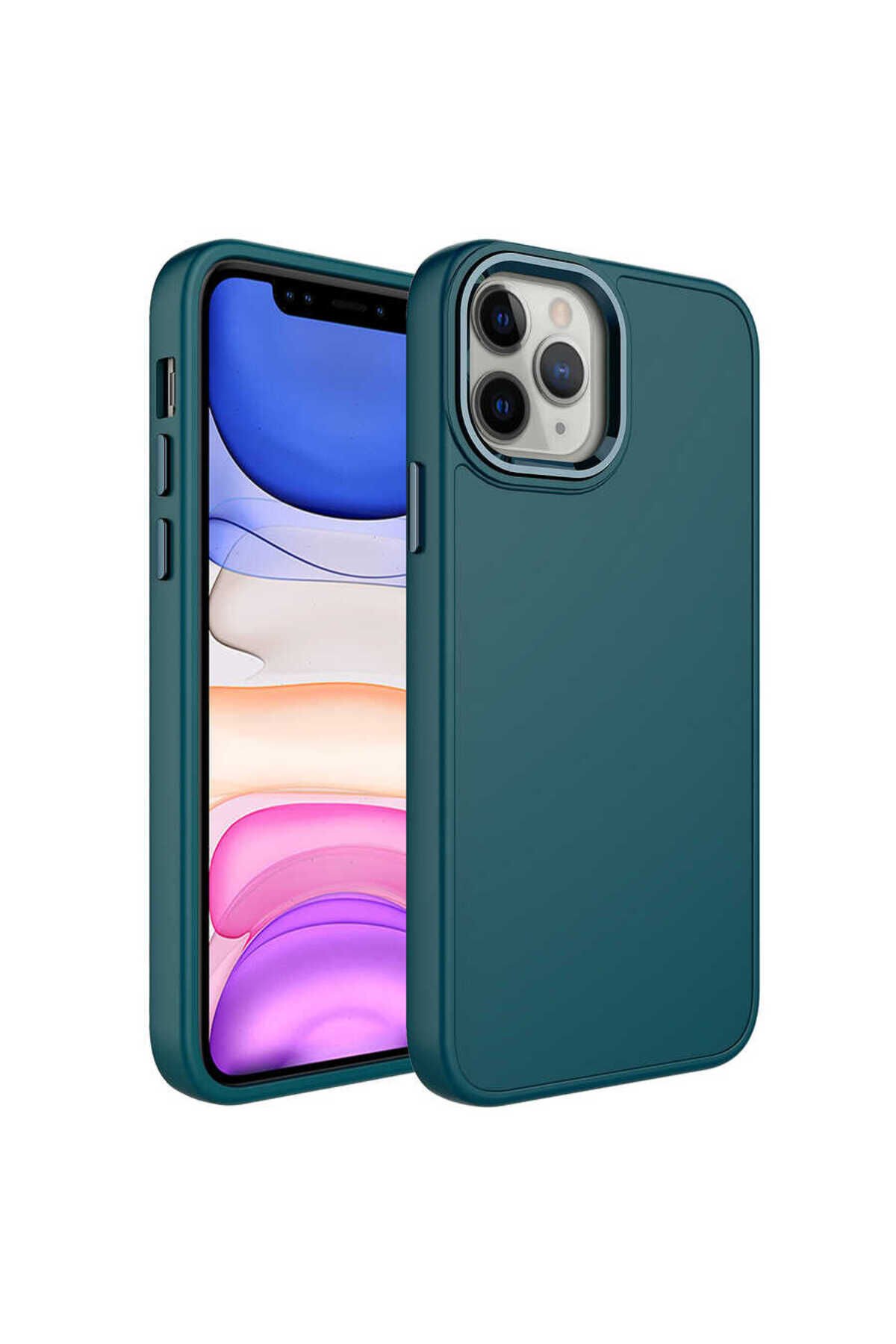 iPhone 12 Pro Max Uyumlu Metal Çerçeve ve Buton Tasarımlı Silikon BSAY Luna Kılıf-Siyah Koyu Yeşil