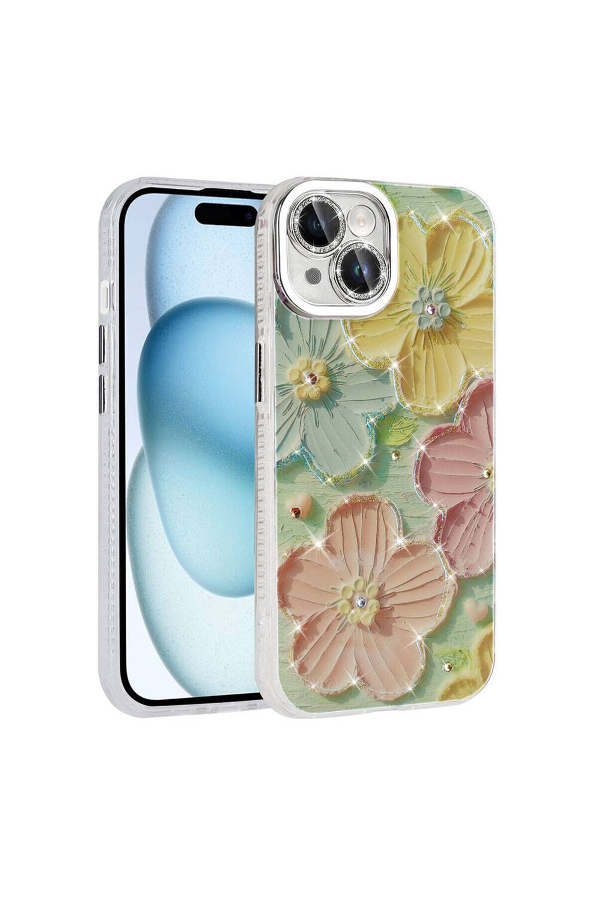 iPhone 15 Kılıf Çiçek Desenli Parlak Taşlı Sert Silikon BSAY Garden Kapak - Pembe Açık Colorful