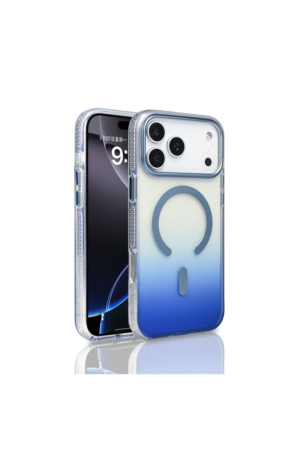 iPhone 17 Pro Max Kılıf M-safe Şarj Özellikli Transparan Renk Geçişli BSAY Toros Kapak - Siyah Mavi