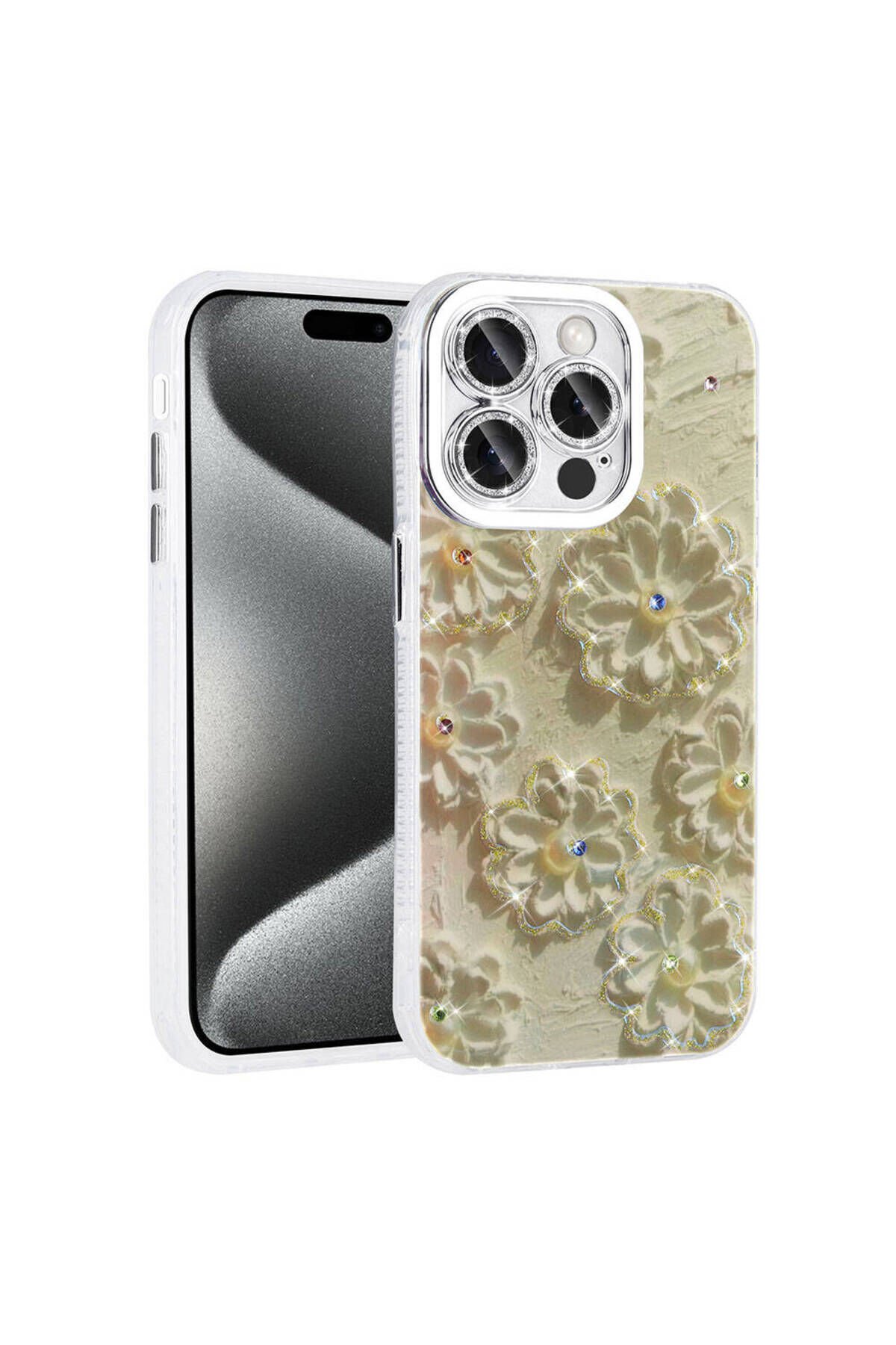 iPhone 15 Pro Kılıf Çiçek Desenli Parlak Taşlı Sert Silikon BSAY Garden Kapak - Colorful Beyaz