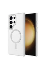 Galaxy S24 Ultra Uyumlu Magsafe Şarj Özellikli Krom Magsafe Silikon BSAY Kılıf-Lacivert Pembe