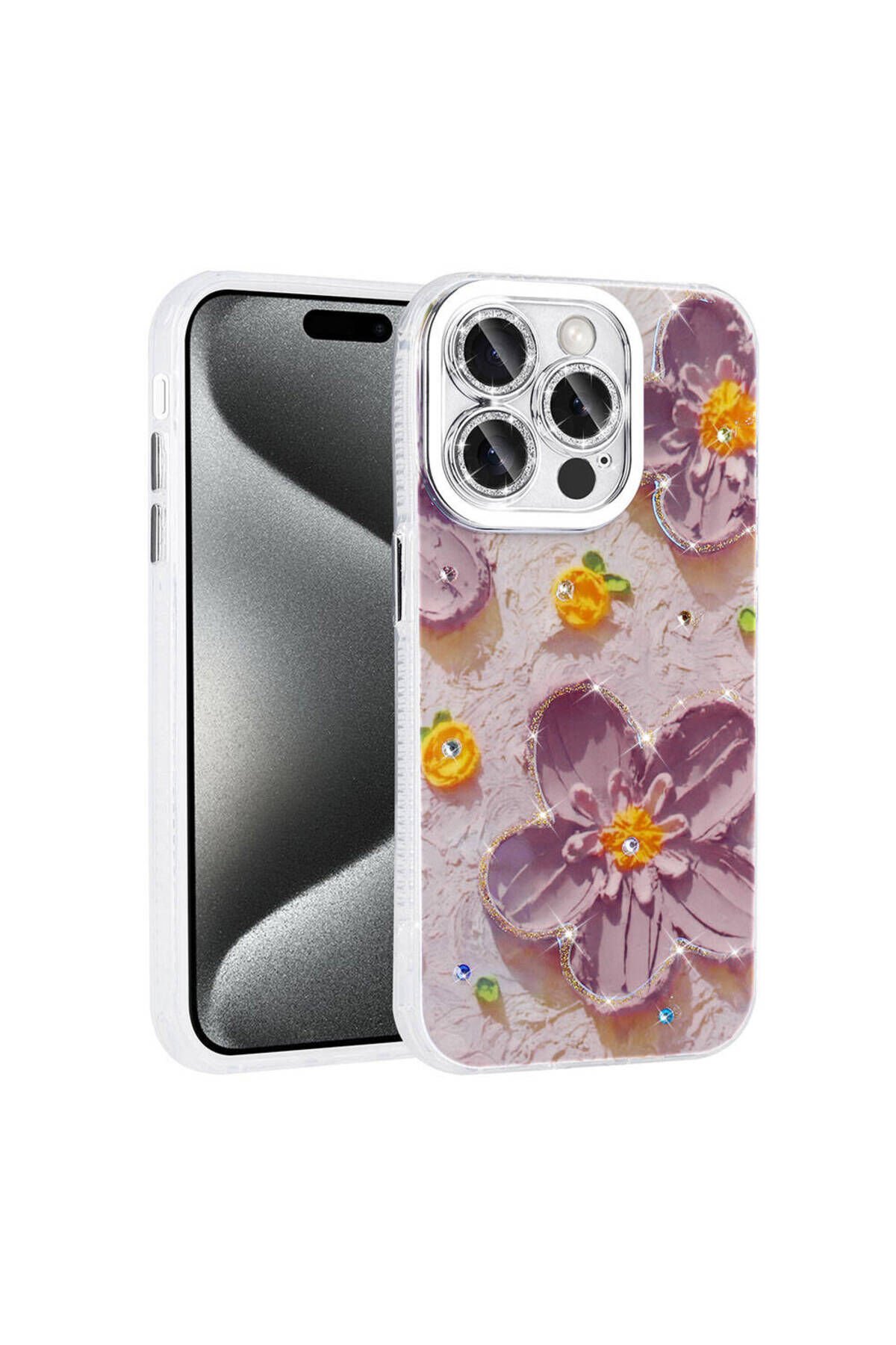 iPhone 15 Pro Kılıf Çiçek Desenli Parlak Taşlı Sert Silikon BSAY Garden Kapak - Colorful Mor