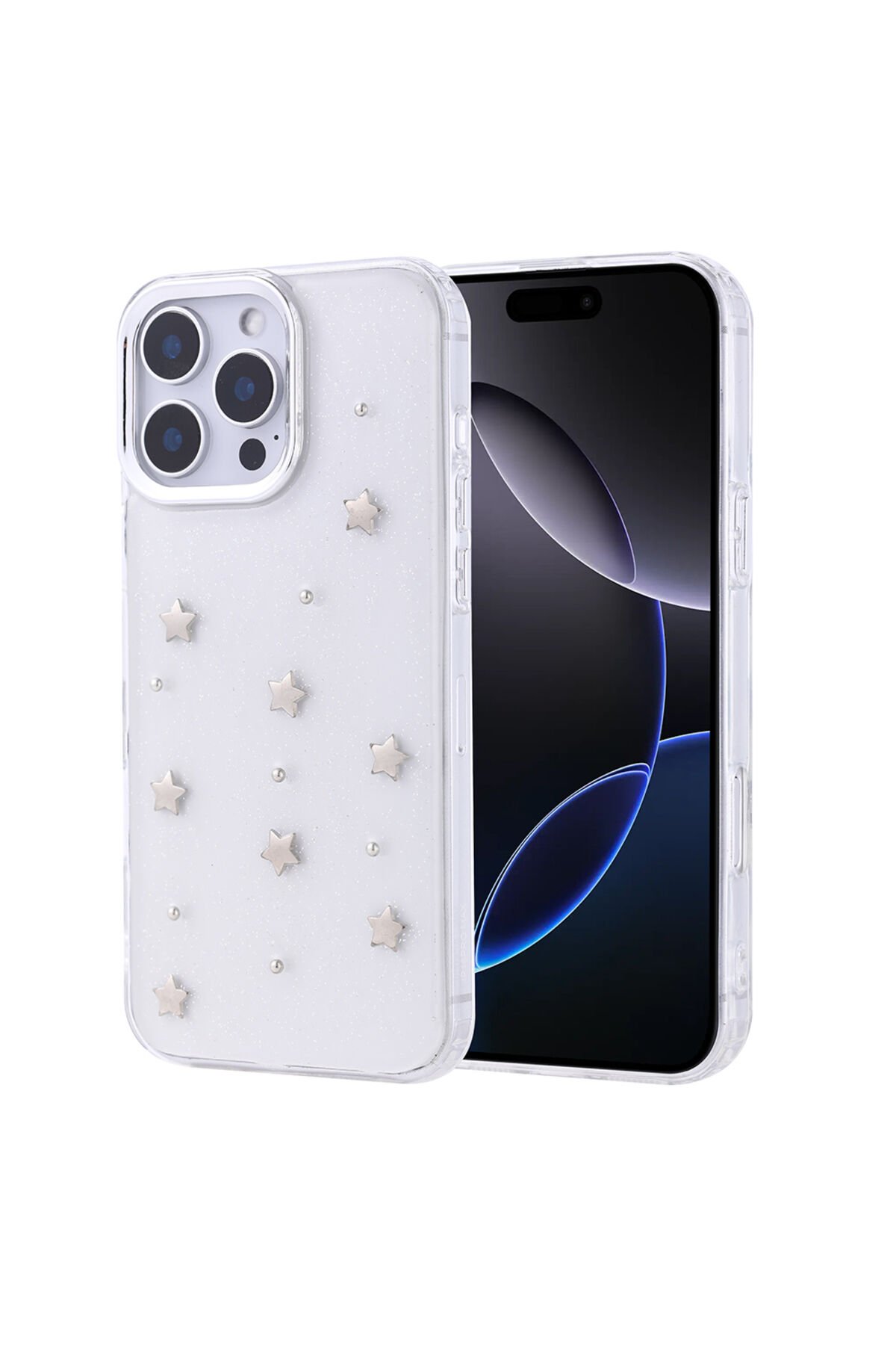 iPhone 16 Pro Max Kılıf Airbag Tasarımlı Simli Şeffaf NXAR Kutup Kapak - Yıldız Yıldız