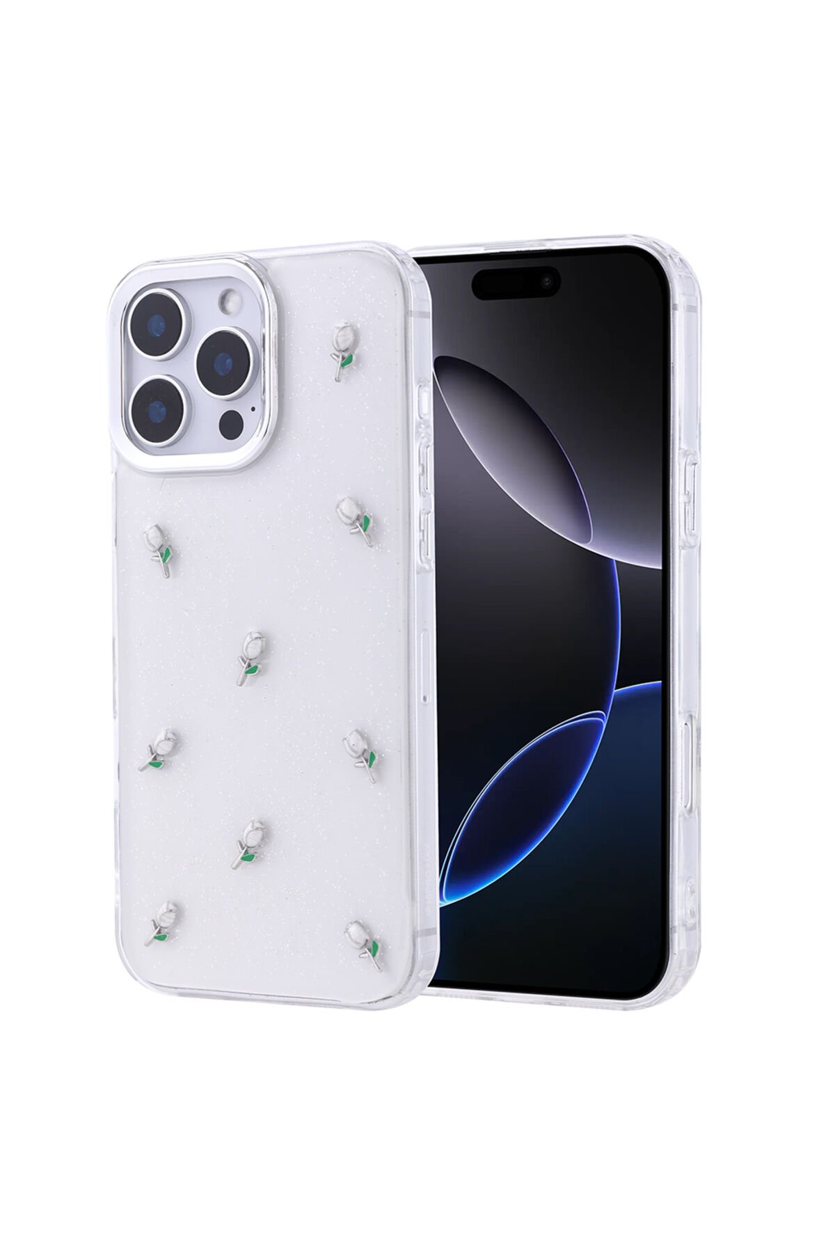 iPhone 16 Pro Max Kılıf Airbag Tasarımlı Simli Şeffaf NXAR Kutup Kapak - Yıldız Lale