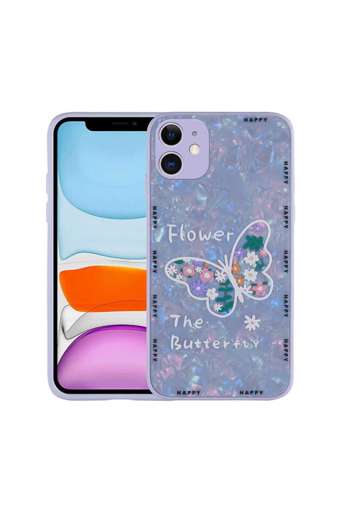 iPhone 12 Uyumlu Desenli Sert Silikon BSAY Mumila Kılıf-White Bear Lilac Flower