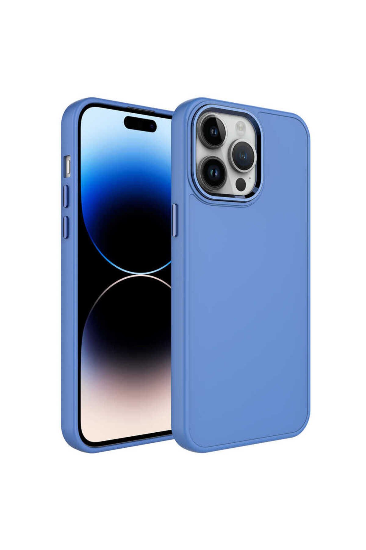 iPhone 13 Pro Uyumlu Metal Çerçeve ve Buton Tasarımlı Silikon BSAY Luna Kılıf-Sierra Mavi Lavendery Gray