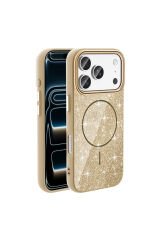 iPhone 17 Pro Max Kılıf M-safe Şarj Özellikli Parlayan Simli BSAY Okso Kapak - Siyah Altın
