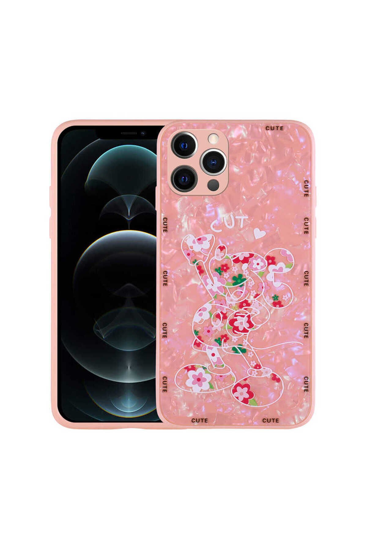 iPhone 12 Pro Uyumlu Desenli Sert Silikon BSAY Mumila Kılıf-Pink Mouse Pink Mouse