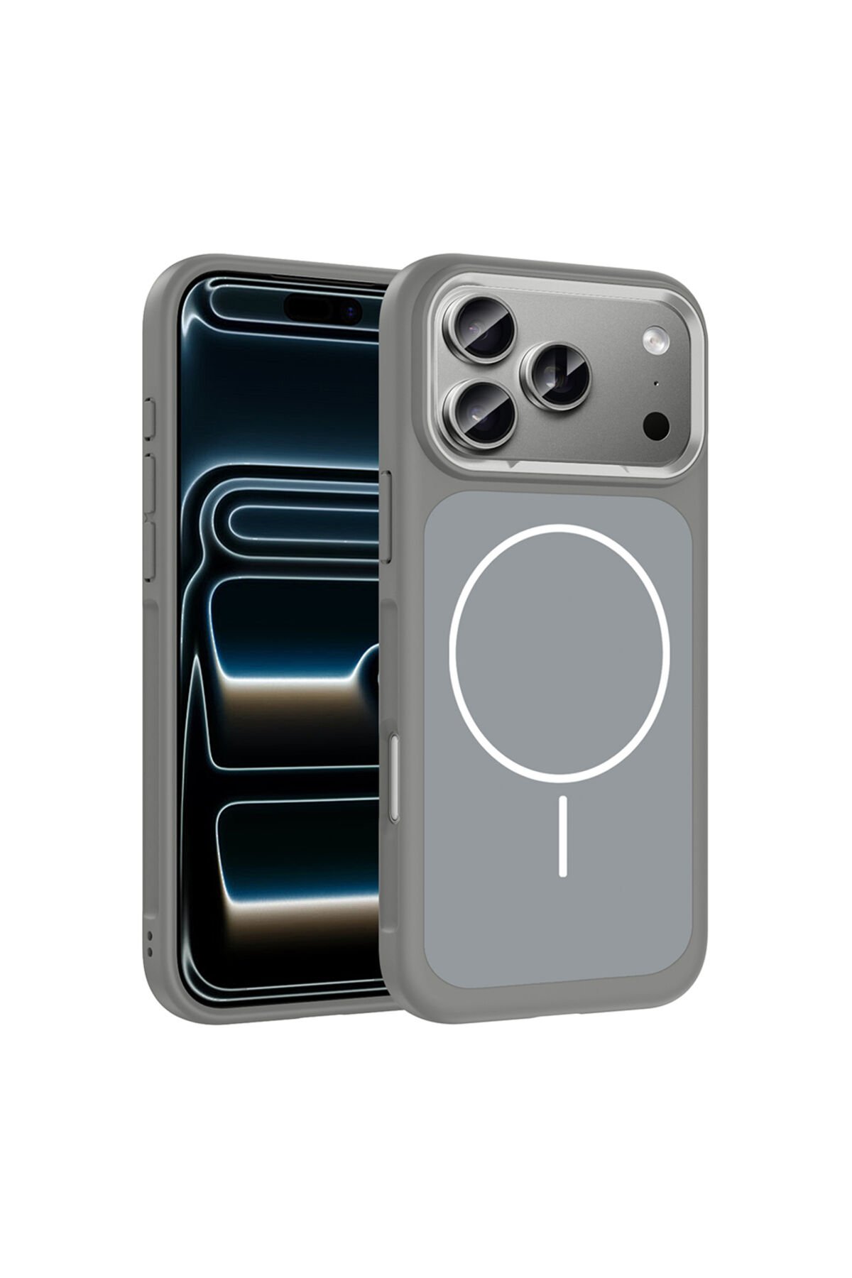 iPhone 17 Pro Max Kılıf M-Safe Şarj Özellikli Metal Kamera Çerçeveli Zore Sanremo Silikon Kapak Gri