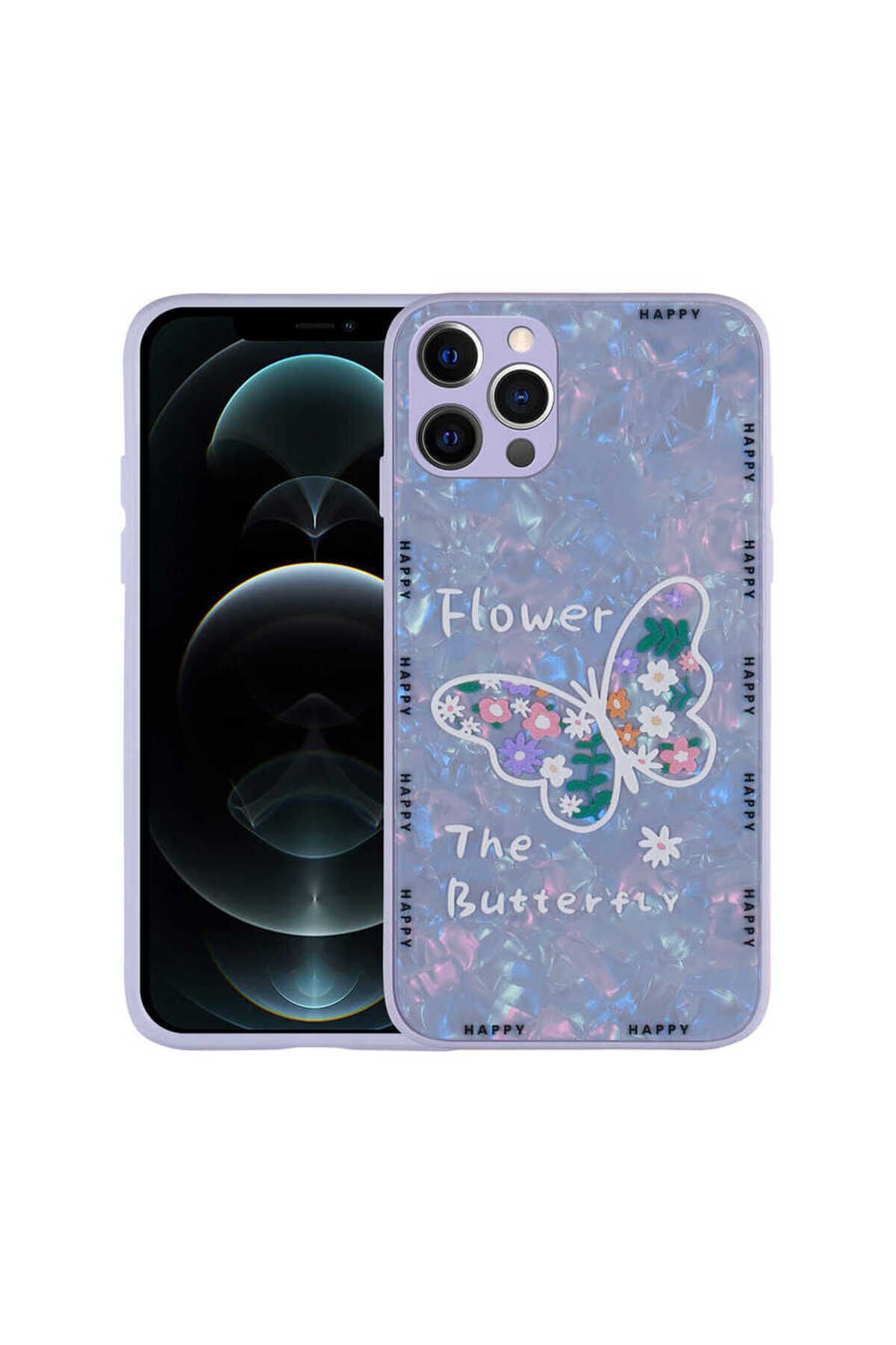 iPhone 12 Pro Uyumlu Desenli Sert Silikon BSAY Mumila Kılıf-Pink Mouse Lilac Flower