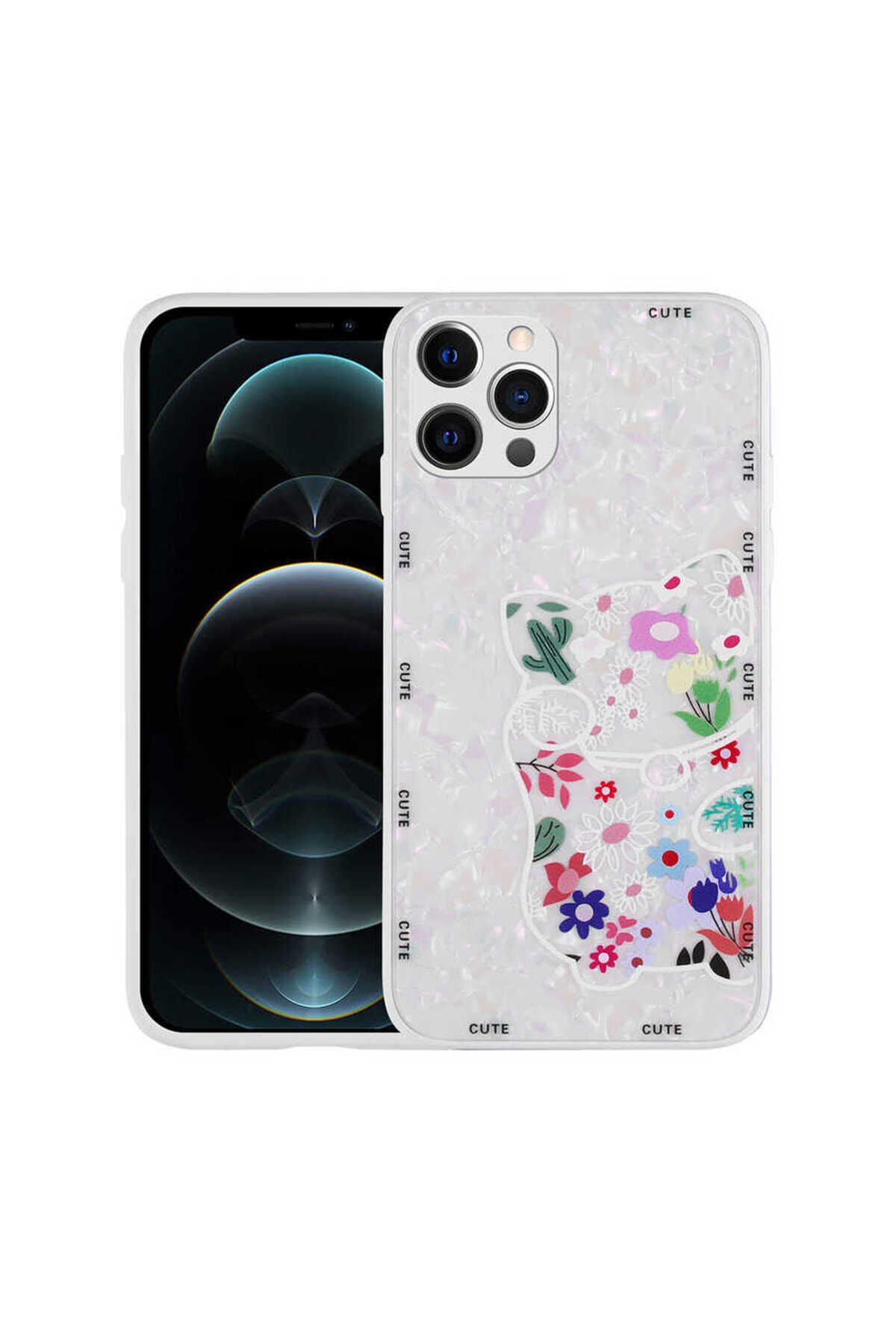 iPhone 12 Pro Uyumlu Desenli Sert Silikon BSAY Mumila Kılıf-Pink Mouse White Cat