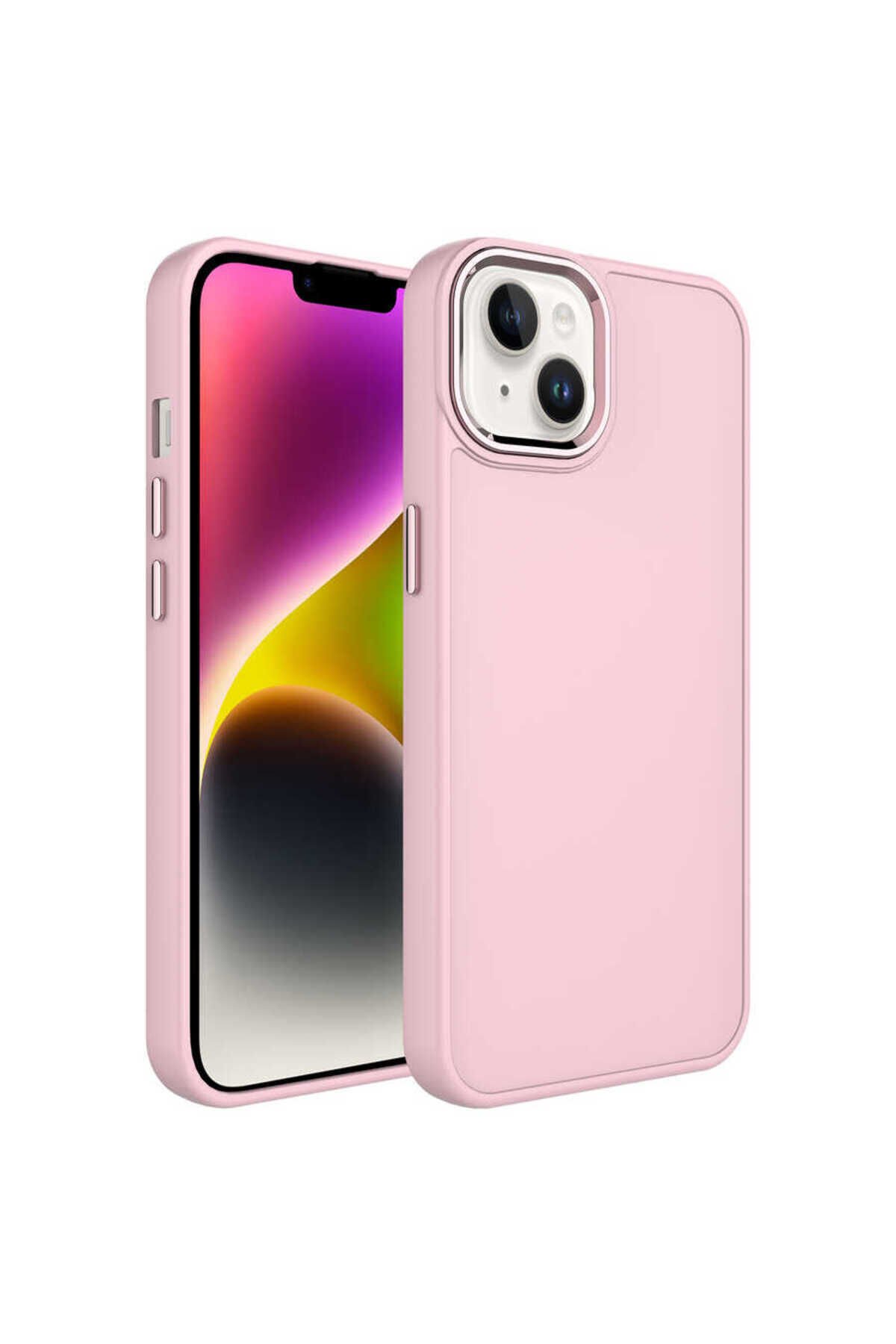 iPhone 14 Uyumlu Metal Çerçeve ve Buton Tasarımlı Silikon BSAY Luna Kılıf-Lila Pembe