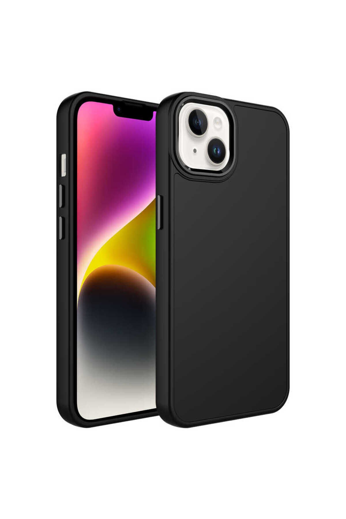 iPhone 14 Uyumlu Metal Çerçeve ve Buton Tasarımlı Silikon BSAY Luna Kılıf-Lila Siyah