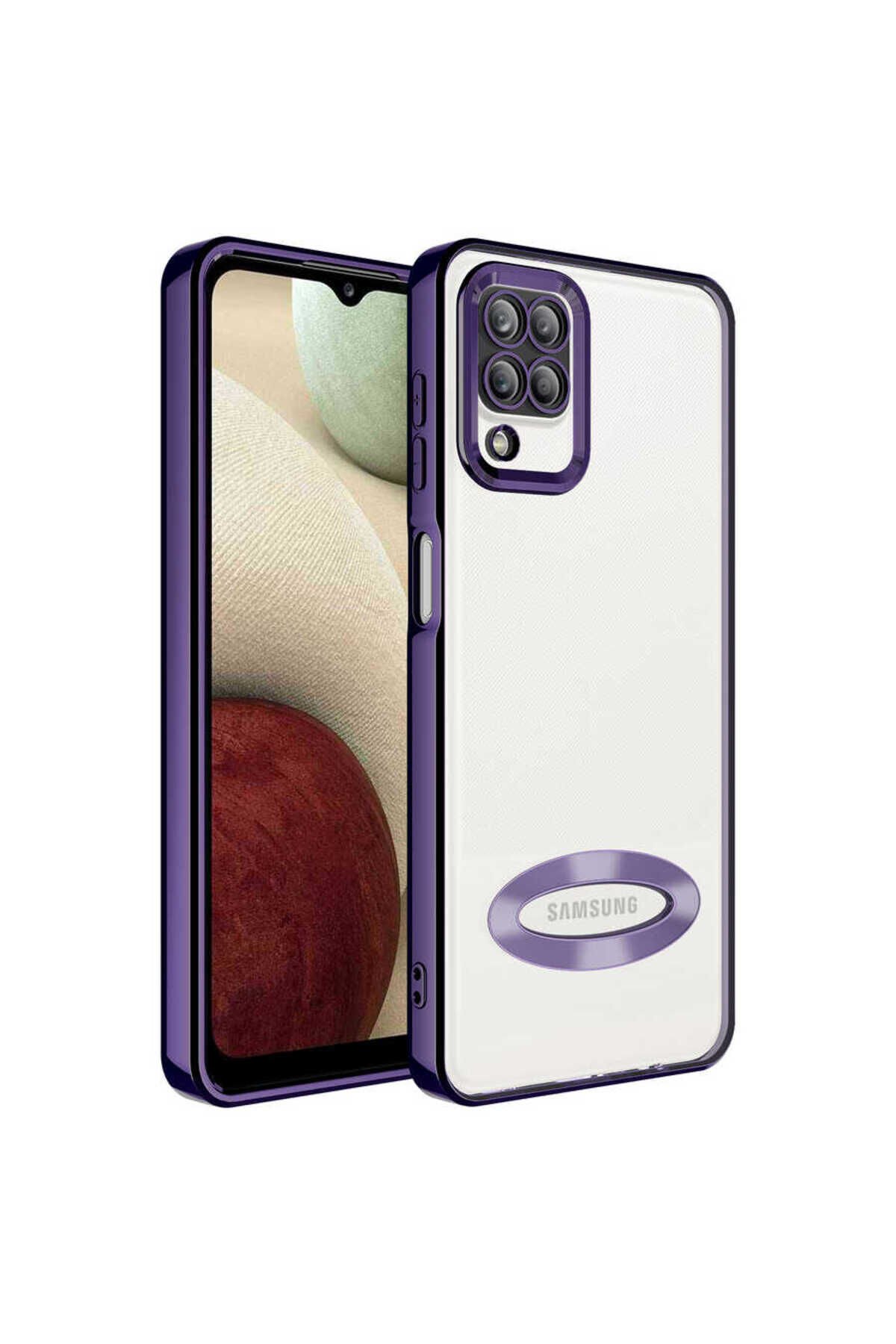 Galaxy M12 Kılıf Kamera Korumalı Logo Gösteren BSAY Omega Kapak - Rose Gold Derin Mor