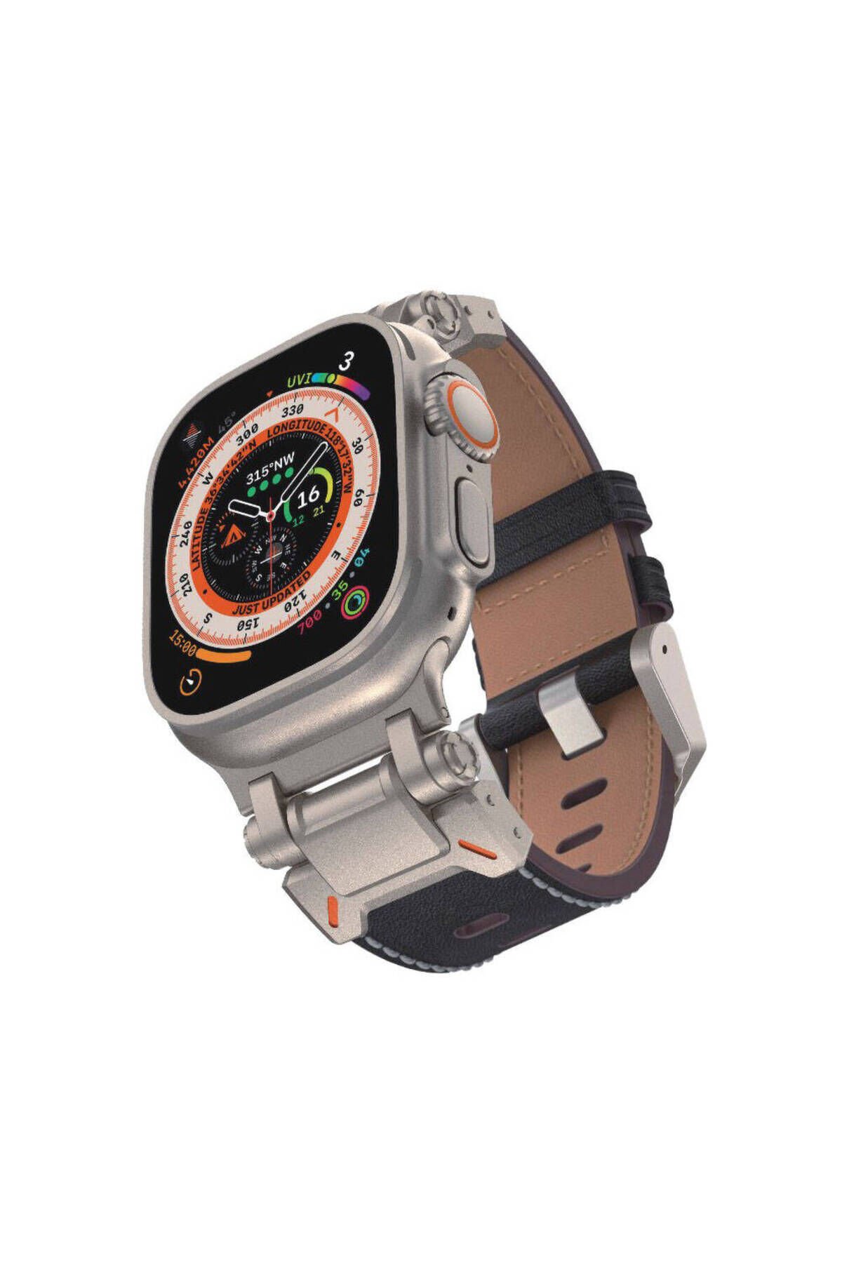 Watch 44mm BSAY- KRD-114 Metal Başlıklı Suni Deri Kordon-Açık Kahve Siyah