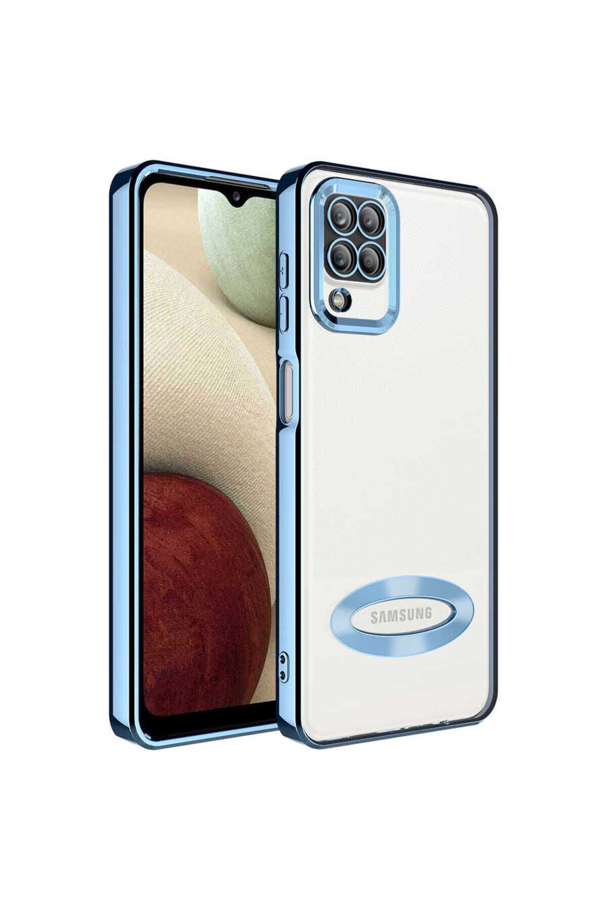 Galaxy M12 Kılıf Kamera Korumalı Logo Gösteren BSAY Omega Kapak - Rose Gold Sierra Mavi