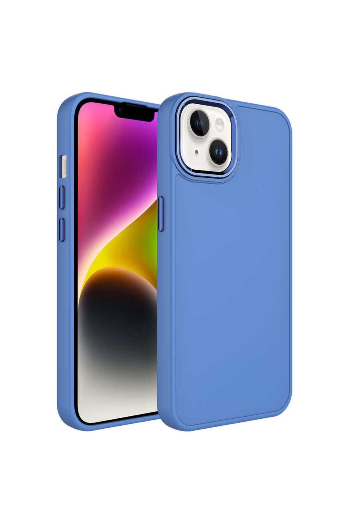 iPhone 14 Uyumlu Metal Çerçeve ve Buton Tasarımlı Silikon BSAY Luna Kılıf-Lila Lavendery Gray