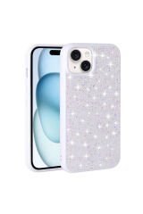 iPhone 15 Uyumlu Parlak Taşlı Tasarım Pırlanta BSAY Kılıf-Beyaz Pembe