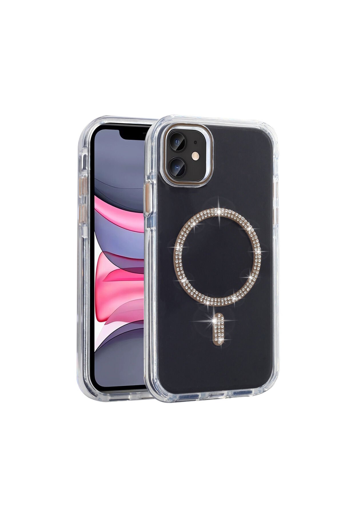 iPhone 11 Kılıf Taşlı Tasarım M-safe Şarj Özellikli BSAY Koment Silikon Kapak - Gold Altın