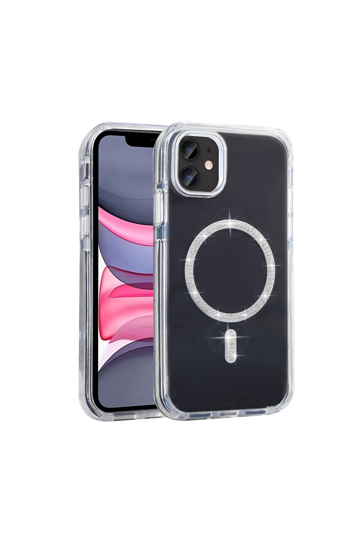iPhone 11 Kılıf Taşlı Tasarım M-safe Şarj Özellikli BSAY Koment Silikon Kapak - Gold Gümüş