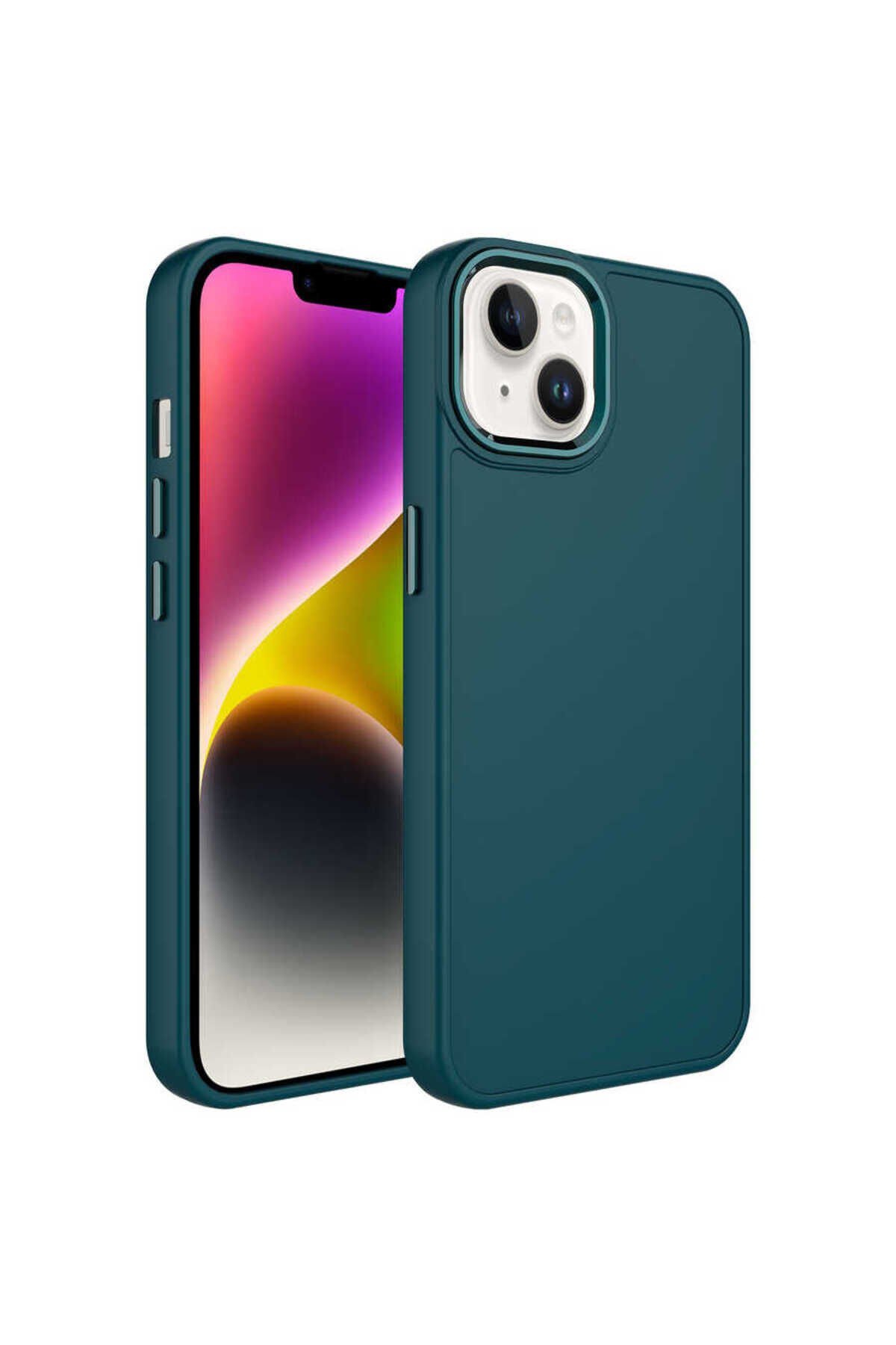 iPhone 14 Plus Uyumlu Metal Çerçeve ve Buton Tasarımlı Silikon BSAY Luna Kılıf-Lavendery Gray Koyu Yeşil