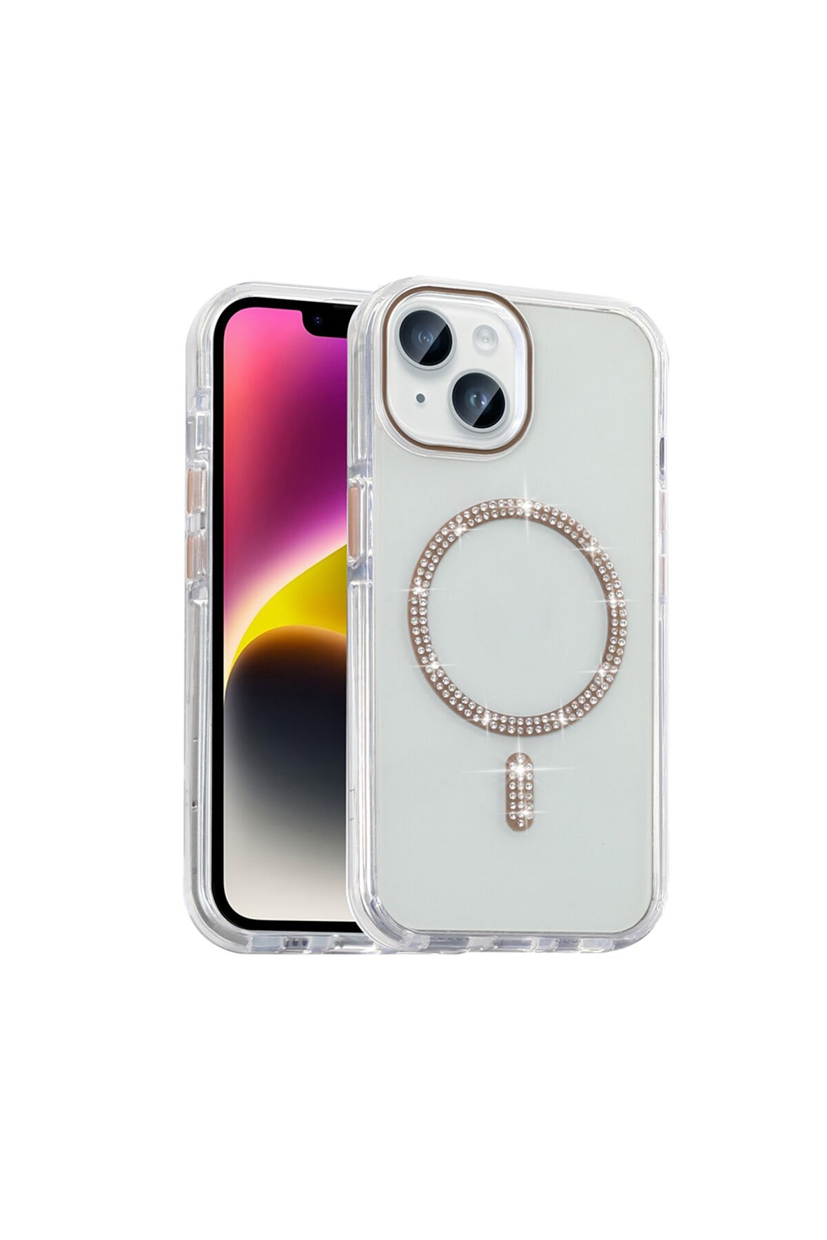 iPhone 14 Kılıf Taşlı Tasarım M-safe Şarj Özellikli BSAY Koment Silikon Kapak - Gold Altın