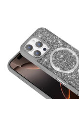 iPhone 16 Pro Max Kılıf Pırlanta Tasarımlı Magsafe Şarj Özellikli Zore Mozaik Silikon Kapak - Siyah Gri