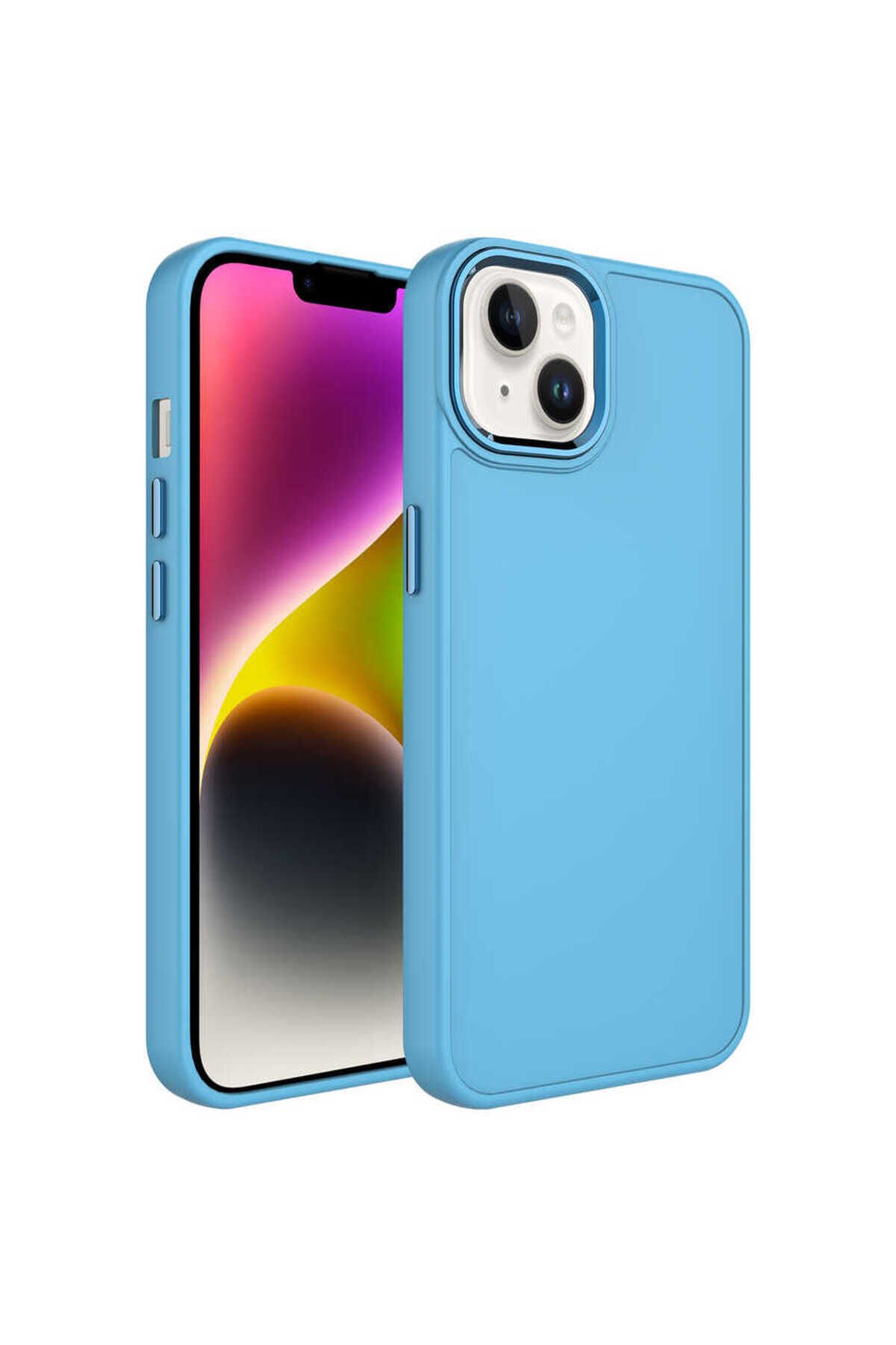 iPhone 14 Plus Uyumlu Metal Çerçeve ve Buton Tasarımlı Silikon BSAY Luna Kılıf-Lavendery Gray Sierra Mavi
