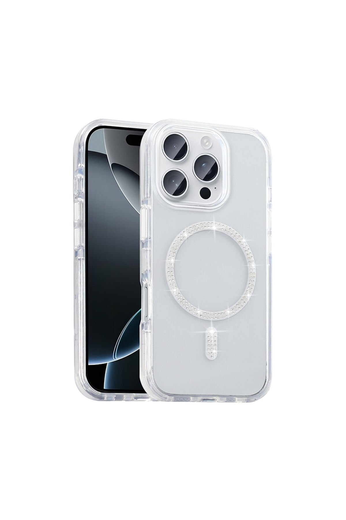 iPhone 15 Pro Kılıf Taşlı Tasarım M-safe Şarj Özellikli Koment Silikon Kapak - Gümüş Gümüş