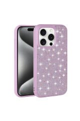 iPhone 15 Pro Uyumlu Parlak Taşlı Tasarım Pırlanta BSAY Kılıf-Gri Pembe