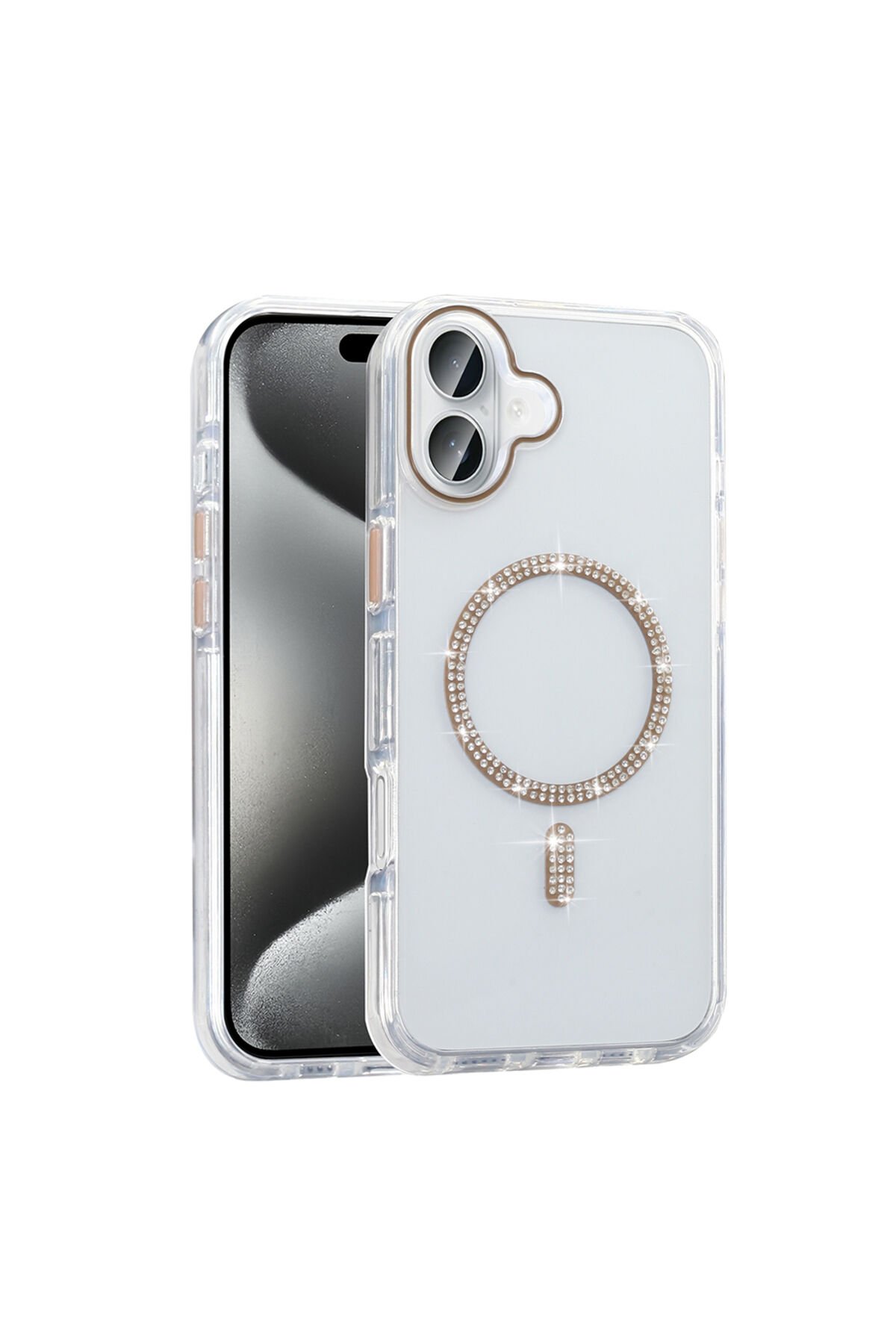 iPhone 16 Kılıf Taşlı Tasarım M-safe Şarj Özellikli Koment Silikon Kapak - Gold Altın