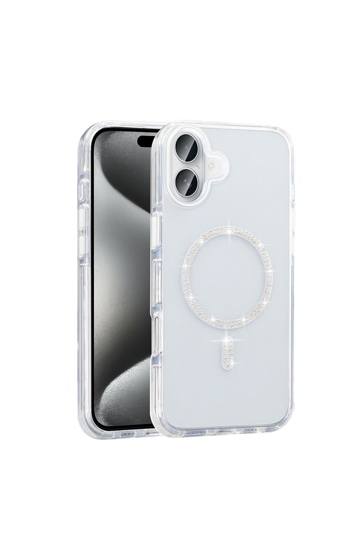 iPhone 16 Kılıf Taşlı Tasarım M-safe Şarj Özellikli Koment Silikon Kapak - Gümüş Gümüş