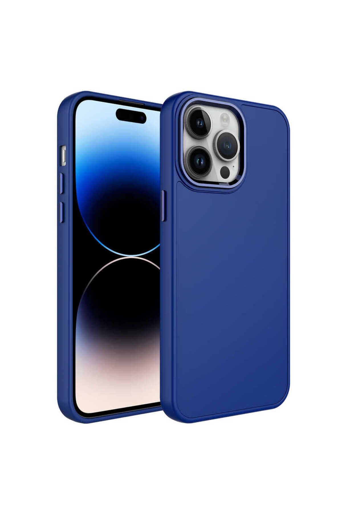 iPhone 14 Pro Max Uyumlu Metal Çerçeve ve Buton Tasarımlı Silikon BSAY Luna Kılıf-Lacivert Lacivert